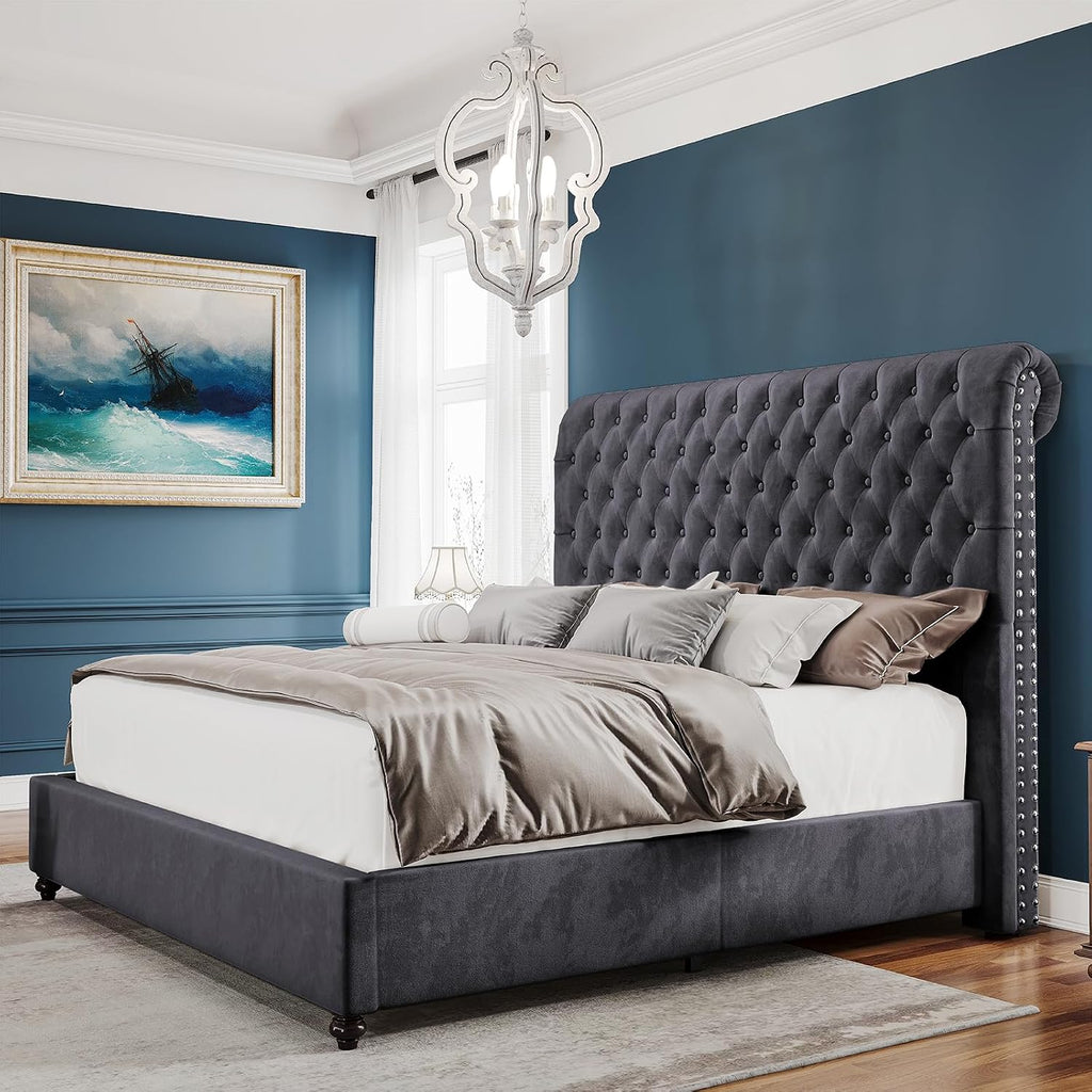 PaPaJet King Bed Frame Upholstered Platform Bed Frame with 53'' Tall Sleigh Headboard, Button Tufted, No Box Spring Needed, Easy Assembly, Gray