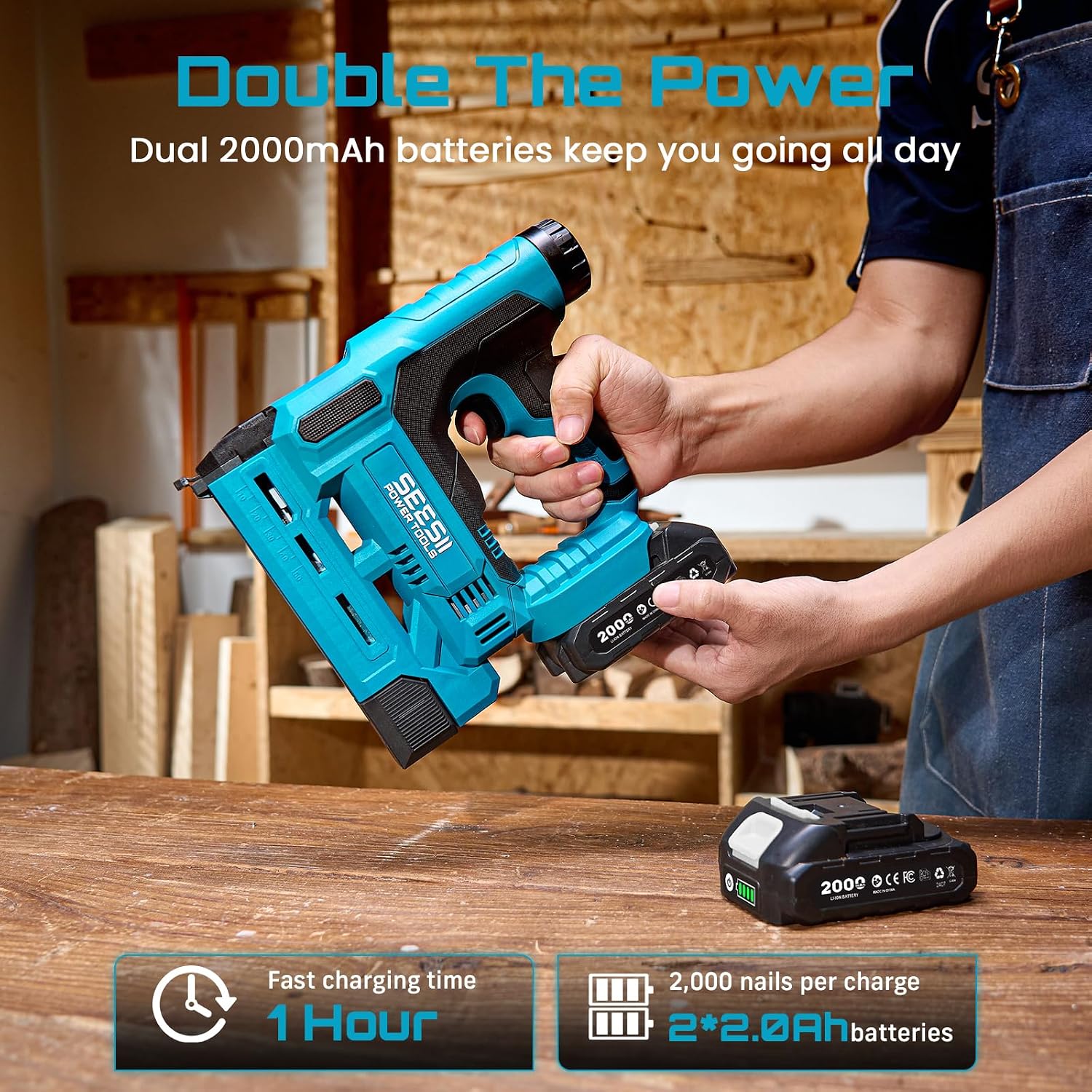 SEESII Cordless Brad Nailer, 18 Gauge 2 in 1 Electric Stapler/Nail Gun, 2.0Ah Battery, 1000pcs Nails and Staples, Adjustable Depth for Upholstery, Woodworking