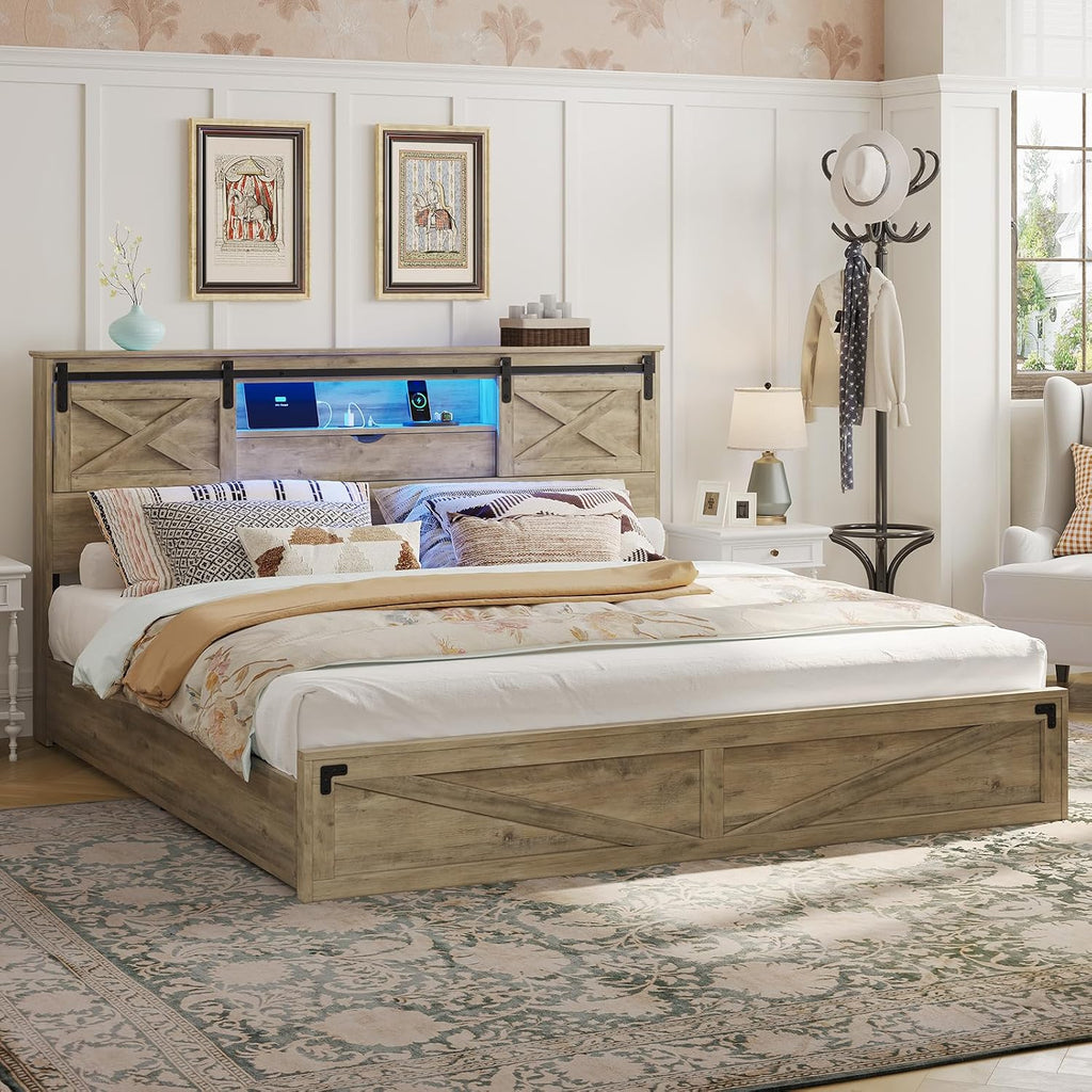 Hasuit Farmhouse Bed Frame King Size with Storage Bookcase Headboard, Wooden King Bed with LED Lights, Charging Station, 2 Drawers, Country Rustic Bed Frame with Sliding Barn Door