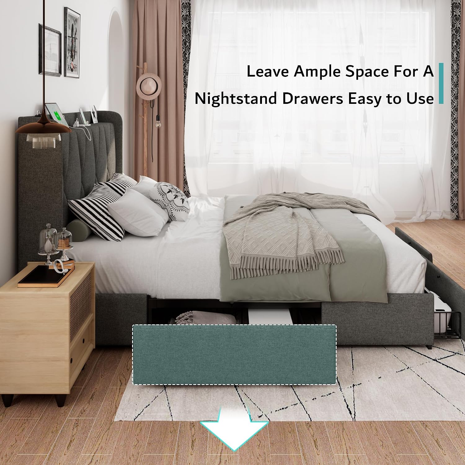 iPormis Queen Bed Frame with 4 Storage Drawers, Upholstered Platform Bed Frame with Charging Station, Modern Wingback Storage Headboard, Easy Assembly, Dark Grey