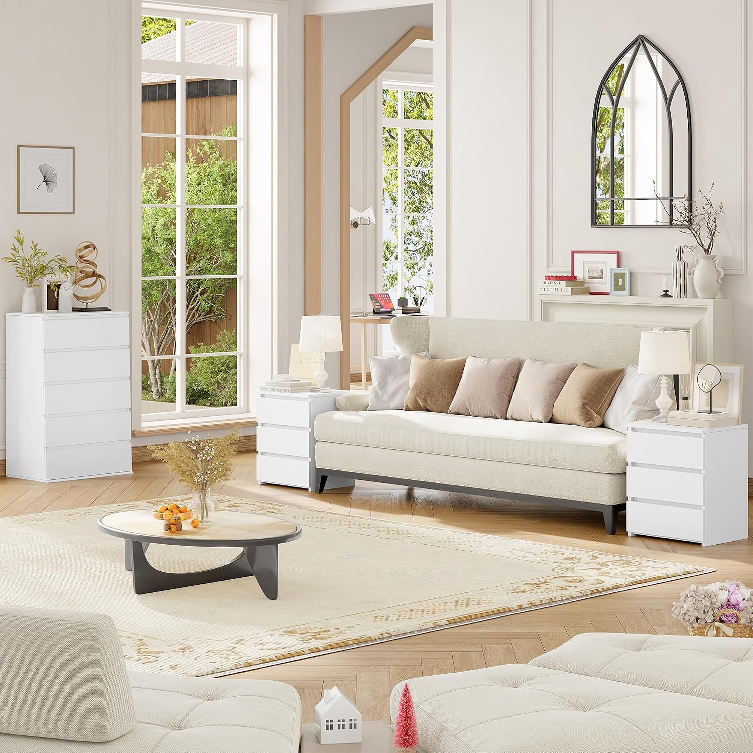FOTOSOK Bedroom Set, 5 Drawer Dresser and Nightstand Sets for Bedroom, 3 Piece Bedroom Set, Night Stand Set of 2 & White Dresser Set, Chest of Drawers Storage Cabinet Set, White