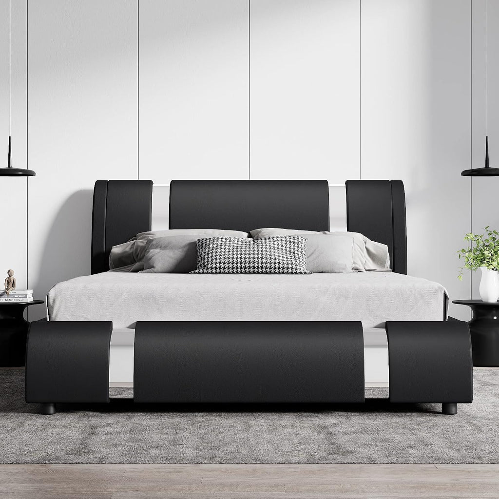 SHA CERLIN Modern Faux Leather Queen Bed Frame with Adjustable Headboard and Iron Accents, Deluxe Upholstered Platform Bed with Solid Wooden Slats Support/No Box Spring Needed, Black