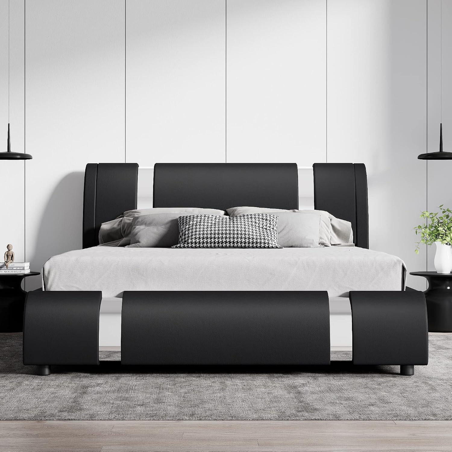 SHA CERLIN Modern Faux Leather Queen Bed Frame with Adjustable Headboard and Iron Accents, Deluxe Upholstered Platform Bed with Solid Wooden Slats Support/No Box Spring Needed, Black