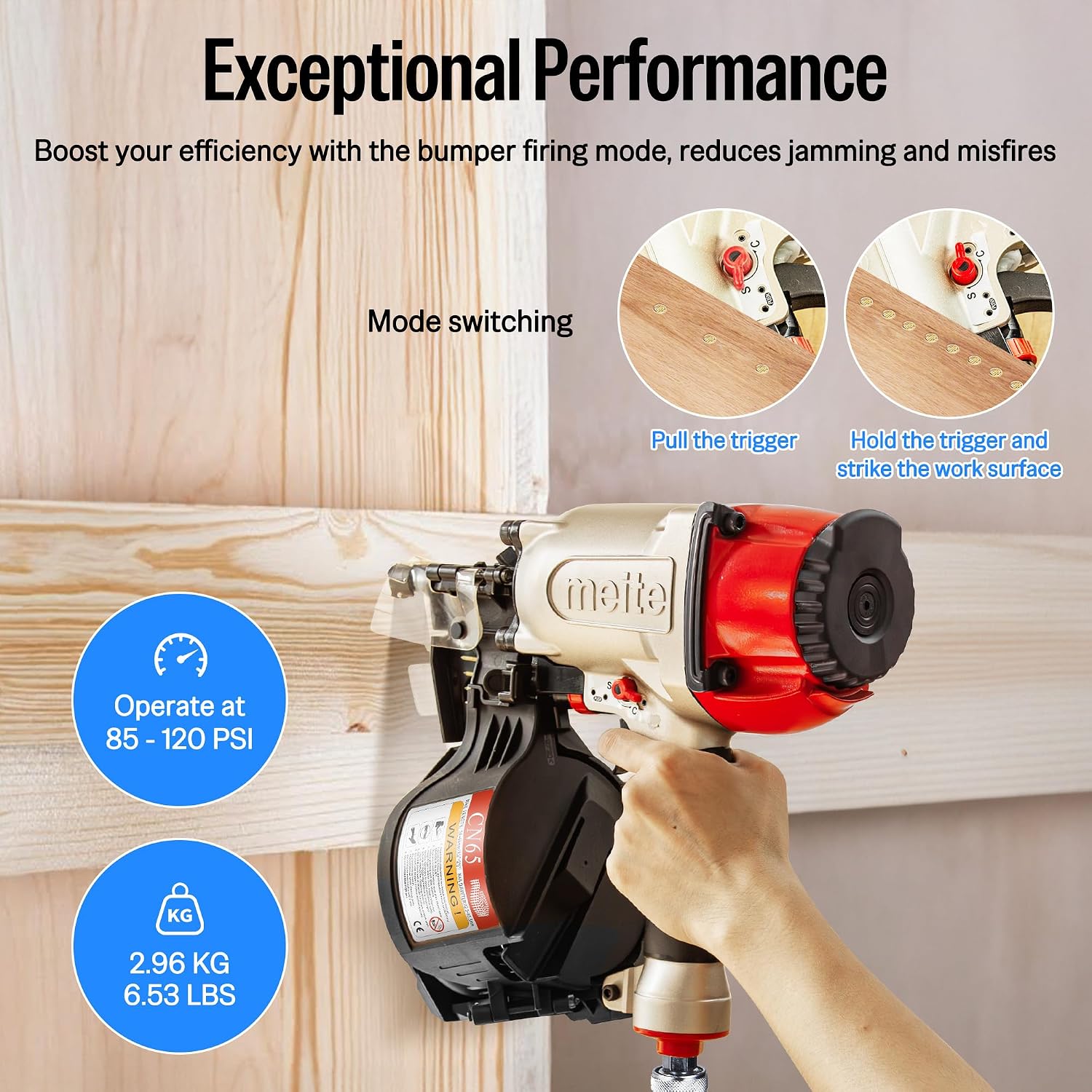 meite CN65 Coil Nailer Pneumatic Nail Gun 15 degree 1-1/2' to 2-1/2' Coil Nails, Heavy Duty Air Coil Nailer with Coil Nail Magazine 300PCS for Hardwood Projects Pallets Framing Sheathing