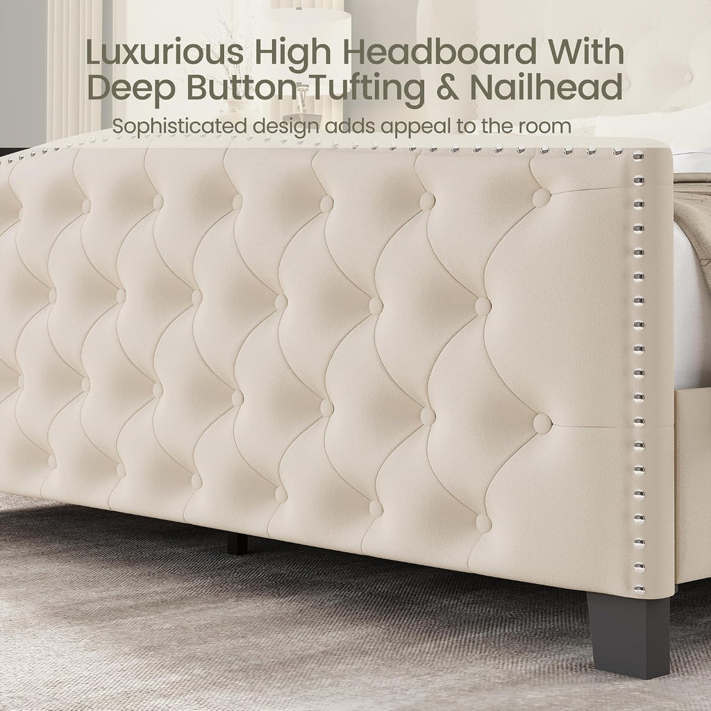 LARMACE Queen Size Bed Frame Velvet Upholstered Platform Bed with Wingback Headboard & Footbaord, Deep Button Tufted Bed Frame with Wood Slats Support, No Box Spring Needed, Beige