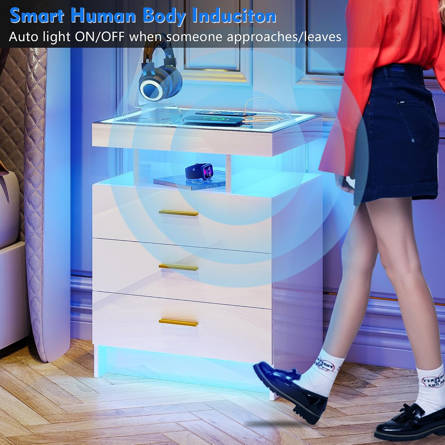 Lvifur LED Nightstand with Wireless Charging Station, Auto Sensor 3 Color Dimmable Night Stand, Modern Bedside Table with 3 Drawers & 3 Open Compartments for Bedroom, White