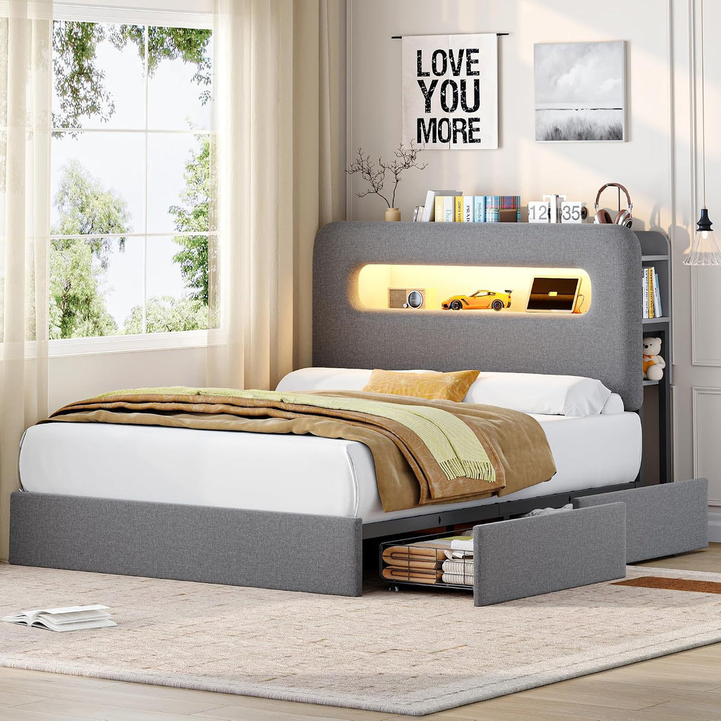 HOSTACK Queen LED Bed Frame with Storage Headboard and Charging Station, Boys Bed Frame with 2 Drawers and USB Ports, Velvet Upholstered Platform Bed Frame with Bookcase, No Box Spring Needed, Grey