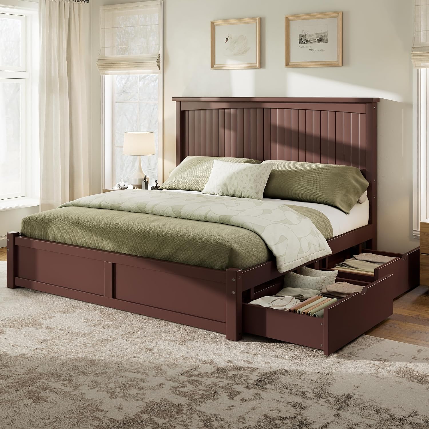 AMERLIFE Solid Wood Full Size Storage Bed Frame with Headboard, Platform Bedframe with 2 Storage Drawers, Beadboard Design & Wooden Slats/No Box Spring Needed/Noise-Free, Espresso Brown Finish