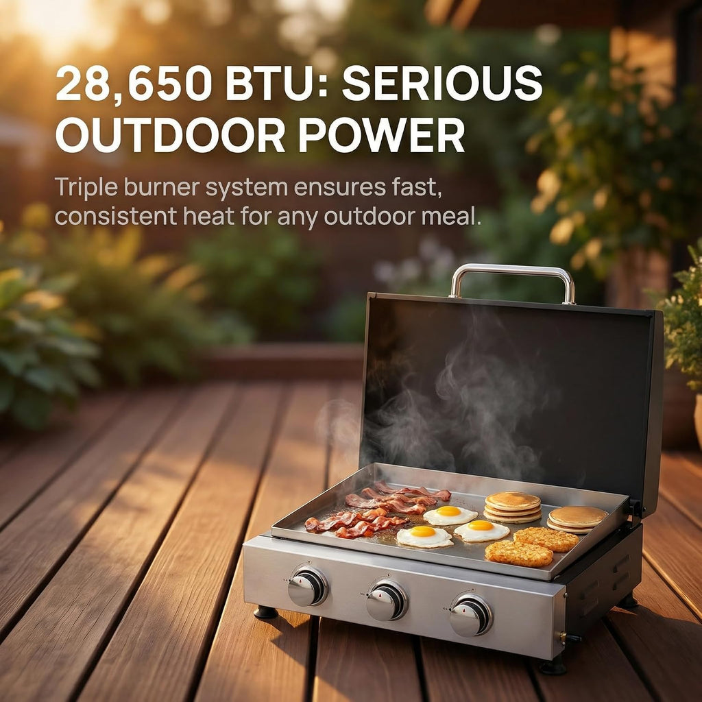 Portable Flat Top Grill, 3 Burner Gas Grill with Cast Iron Grids, 26 IN Tabletop Propane Griddle, 28650BTU High Power & Ceramic Coated Pan, Camping Barbecue and Tailgating Griddle (26 IN)