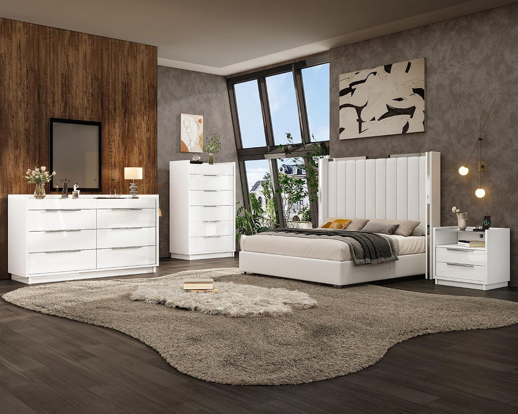 AMERLIFE High Gloss Dresser Set, 3 Piece Bedroom Furniture Set, 8 Drawer Dresser with LED Light & 2 Nightstands with Charging Station, Modern UV Finish, Bedroom Storage Organizer, White