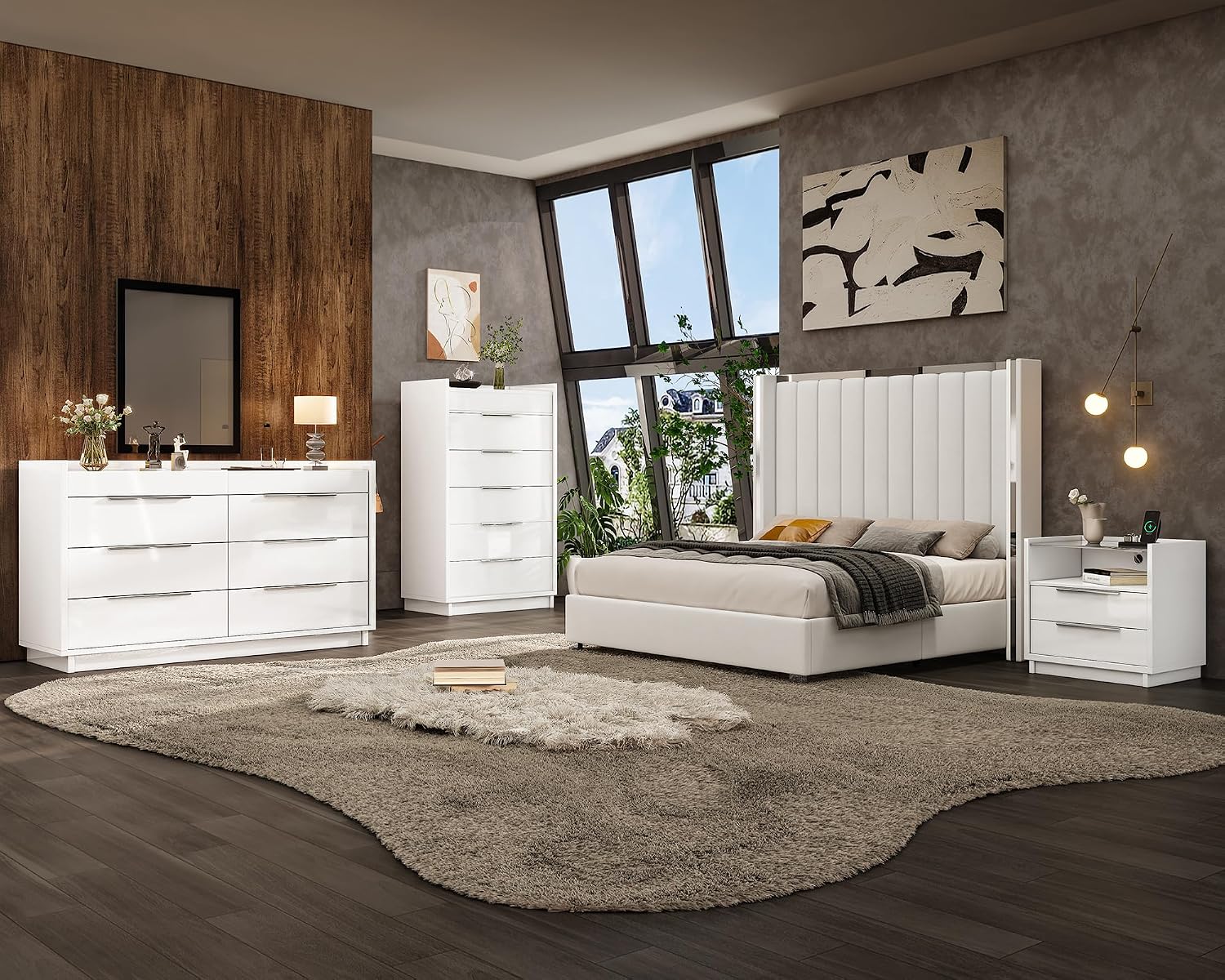 AMERLIFE High Gloss Dresser Set, 3 Piece Bedroom Furniture Set, 8 Drawer Dresser with LED Light & 2 Nightstands with Charging Station, Modern UV Finish, Bedroom Storage Organizer, White