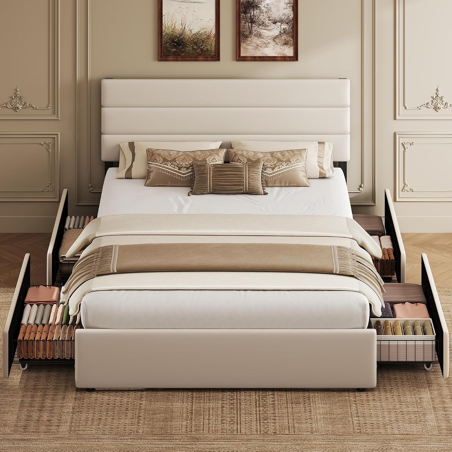 WLIVE Queen Size Upholstered Bed Frame with 4 Storage Drawers and Headboard, Velvet Platform Bedframe, Sturdy Metal & Wooden Slats Support, No Box Spring Needed, Easy Assembly, Beige