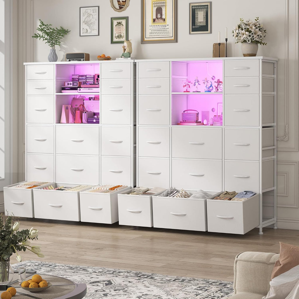 EnHomee 51' H White Dresser with 15 Drawers Dresser for Bedroom with Charging Station & LED Lights & Hutch Sturdy Bedroom Dressers, Steel Frame, Wood Top, 51.2' H x 39.3' W x 11.8' D