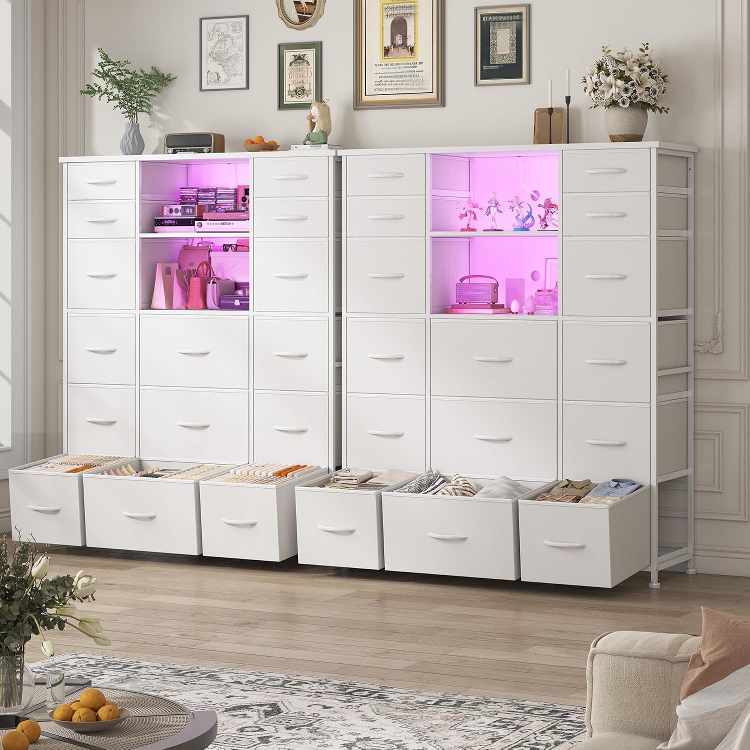 EnHomee 51' H White Dresser with 15 Drawers Dresser for Bedroom with Charging Station & LED Lights & Hutch Sturdy Bedroom Dressers, Steel Frame, Wood Top, 51.2' H x 39.3' W x 11.8' D