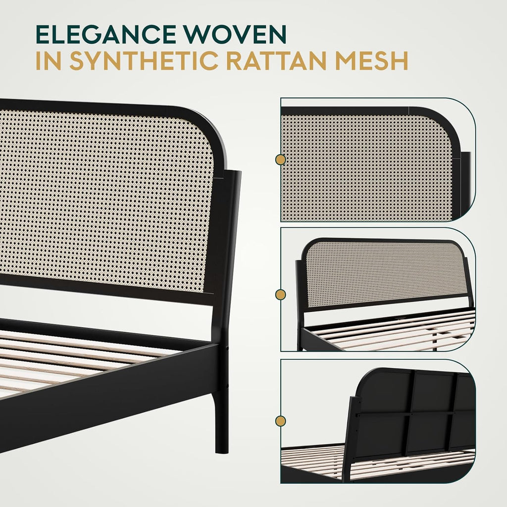 Bme Aurelia Headboard Queen Size Bed Frame, Solid Acacia Wood, Boho & Mid-Century Modern Style, Rattan Headboard, US Patent Pending Design, Slat Support and No Box Spring Needed, Easy Assembly, Black