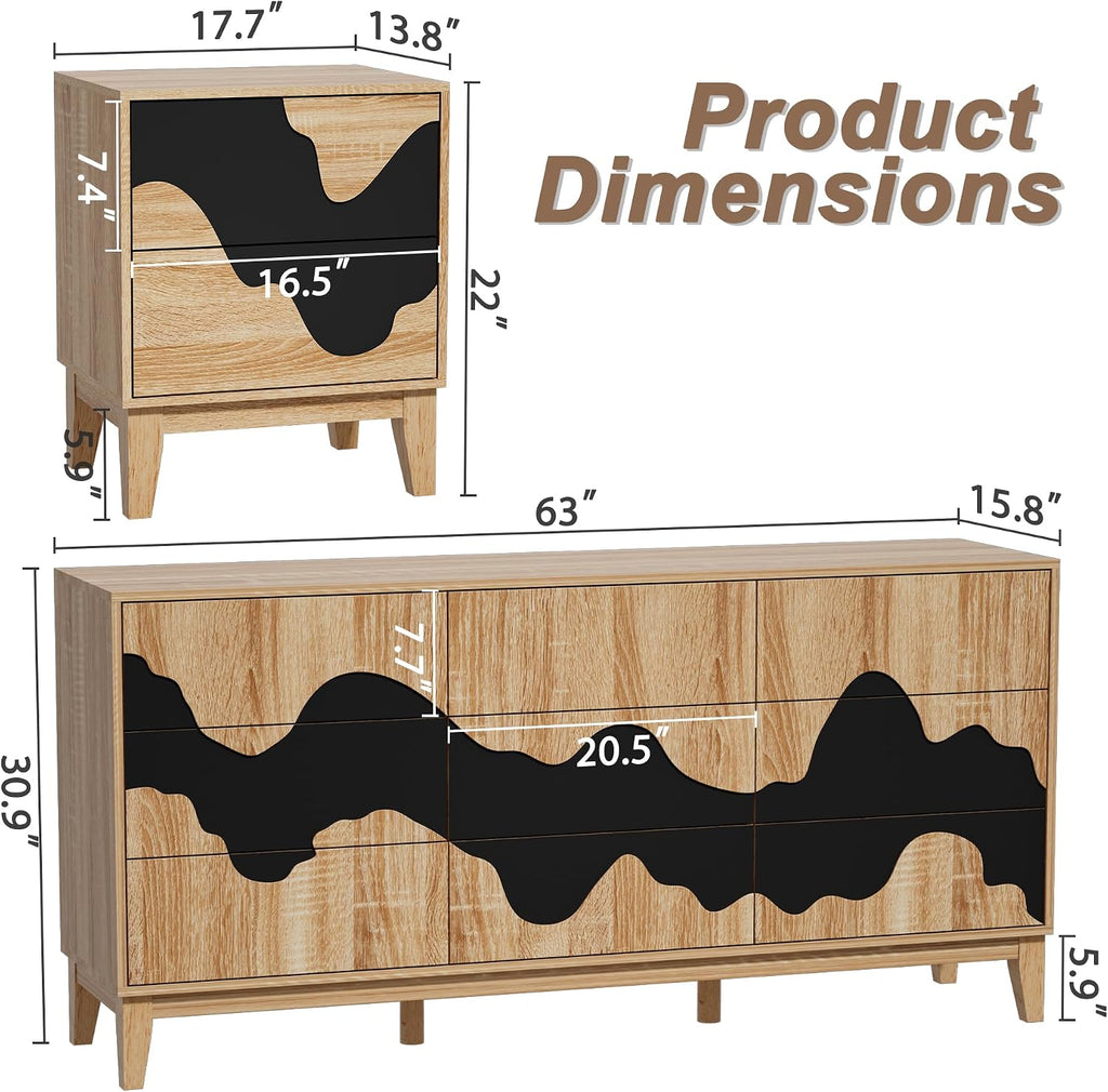 UEV 9-Drawer Dresser & 2 Nightstands Set - 3 Piece Modern Bedroom Furniture Set, 63' Wide Wooden Chest of Drawers with Flowing Water Pattern,2-Drawer Night Stands for Bedroom (Natural/Black