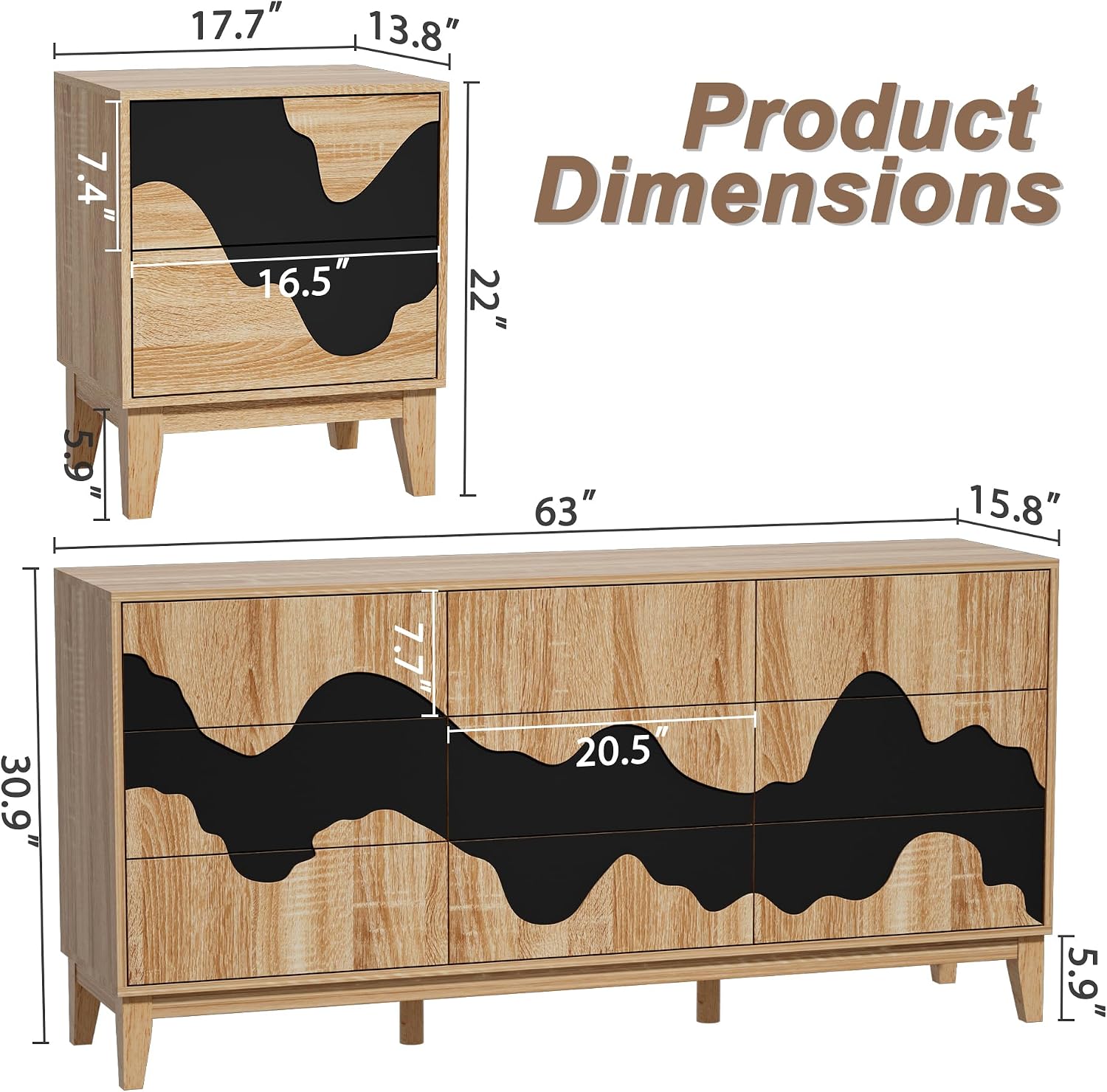 UEV 9-Drawer Dresser & 2 Nightstands Set - 3 Piece Modern Bedroom Furniture Set, 63' Wide Wooden Chest of Drawers with Flowing Water Pattern,2-Drawer Night Stands for Bedroom (Natural/Black