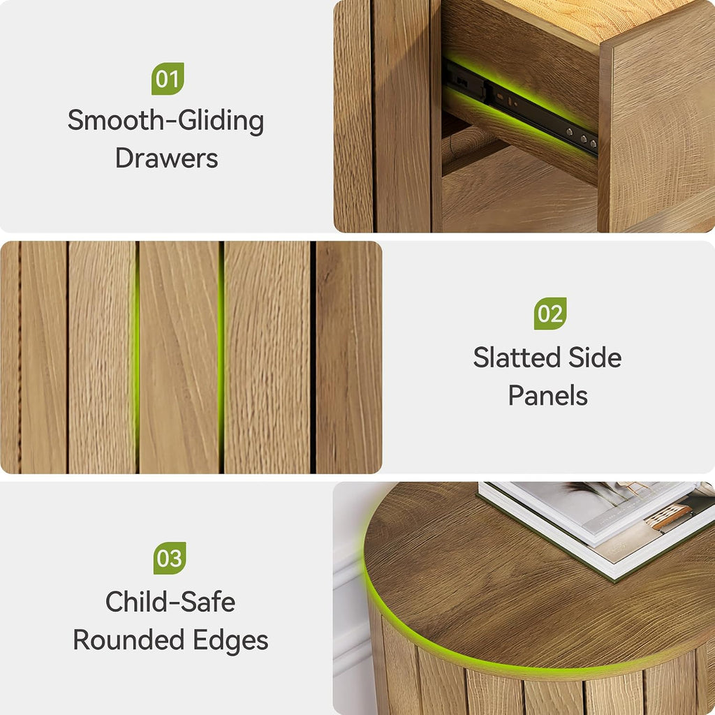 LITTLE TREE Large Nightstand, Oversized Night Stand Set 2, Slatted Side Design Wood Nightstand, 35' Wide End Tables, Modern Dresser with 3 Drawers for Bedroom,Entryway, Oak 2PCS