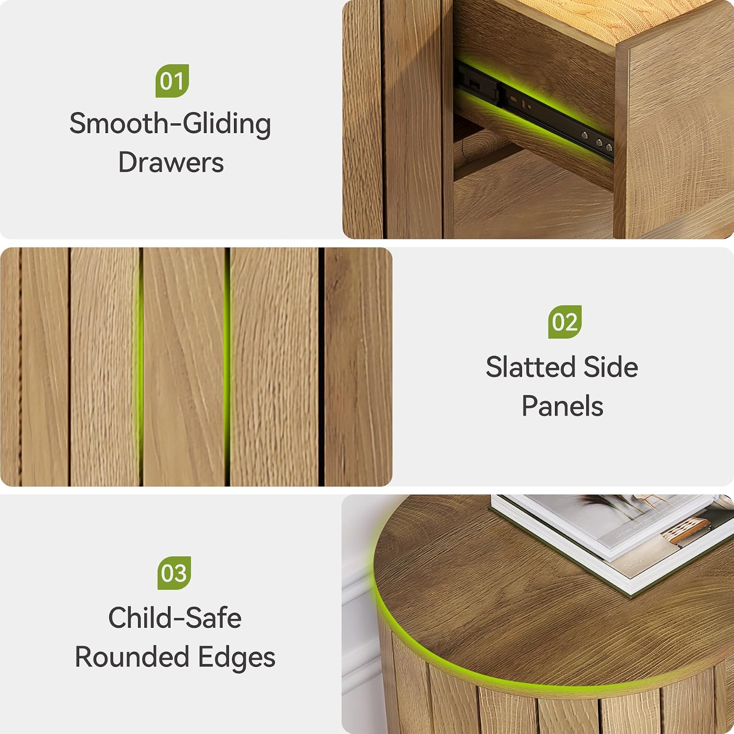 LITTLE TREE Large Nightstand, Oversized Night Stand Set 2, Slatted Side Design Wood Nightstand, 35' Wide End Tables, Modern Dresser with 3 Drawers for Bedroom,Entryway, Oak 2PCS