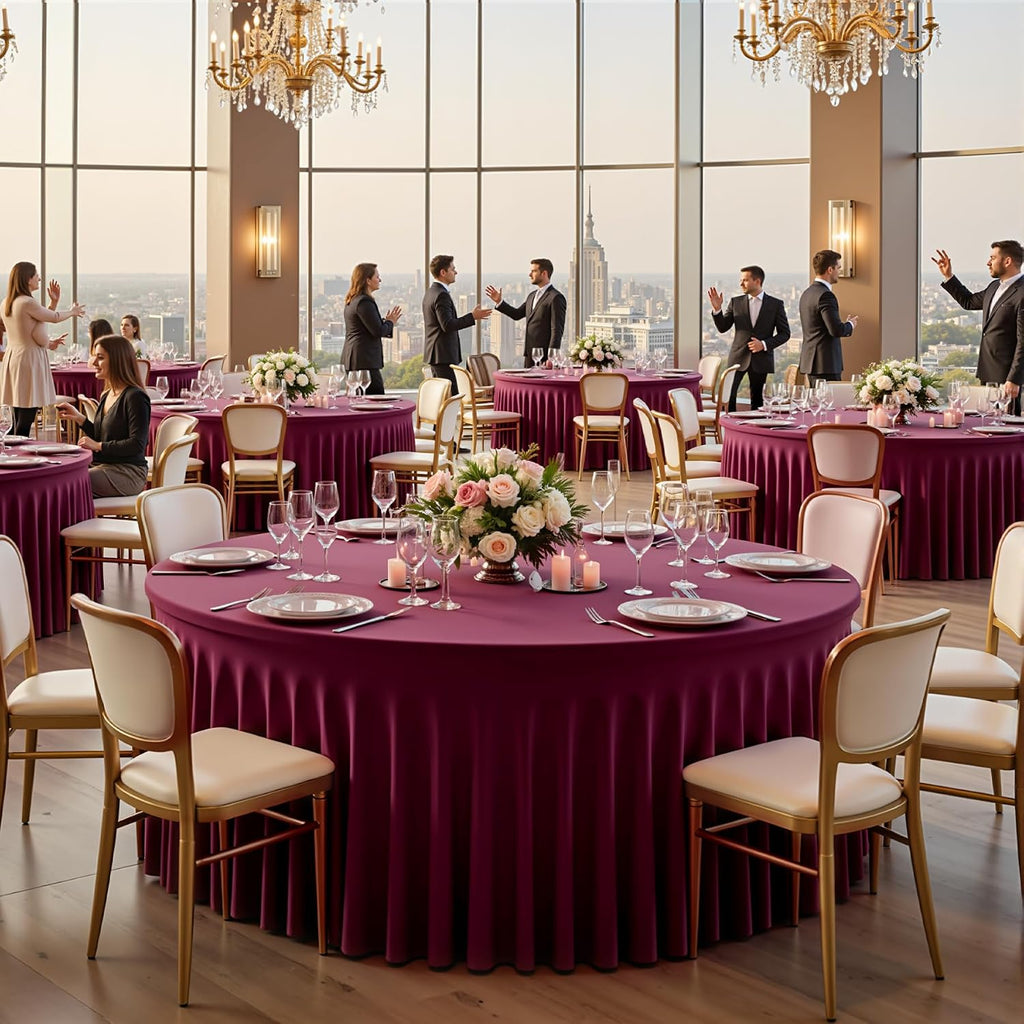 6 pk Burgundy Round Spandex Tablecloths 60 in with Ruffled Skirt,Wrinkle Free High-Stretch 120 inch Table Cloth Round Fitted 5ft Tables Maroon Spandex Table Covers 5ft for Wedding Banquet Party