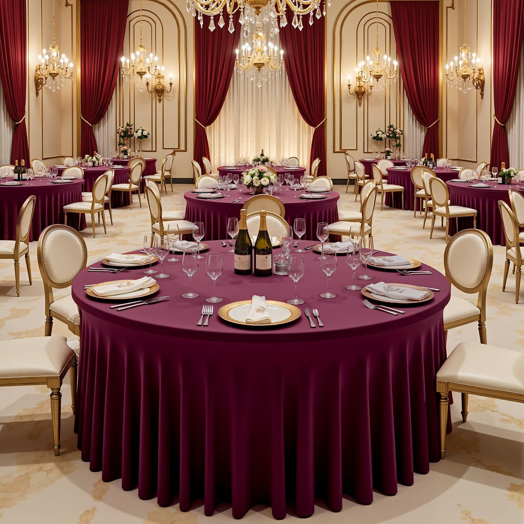 6 pk Burgundy Round Spandex Tablecloths 60 in with Ruffled Skirt,Wrinkle Free High-Stretch 120 inch Table Cloth Round Fitted 5ft Tables Maroon Spandex Table Covers 5ft for Wedding Banquet Party