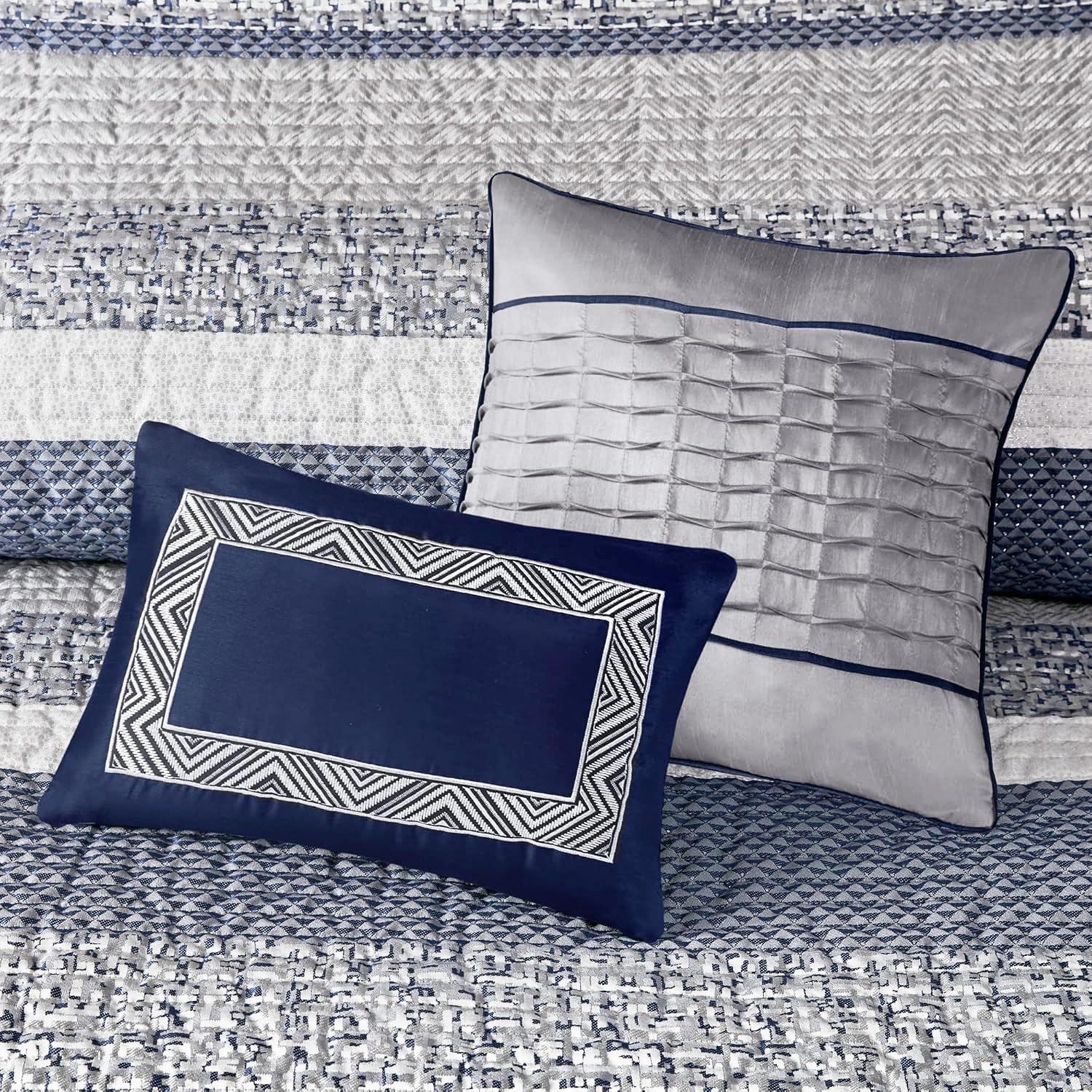 Madison Park Queen Quilt Set Lustrous Jacquard & Glitter Accent Coverlet Set for Queen Size Bed - All Season, Lightweight Queen Quilt Set, Shams, Decorative Pillow, Full/Queen Chevron Grey/Navy