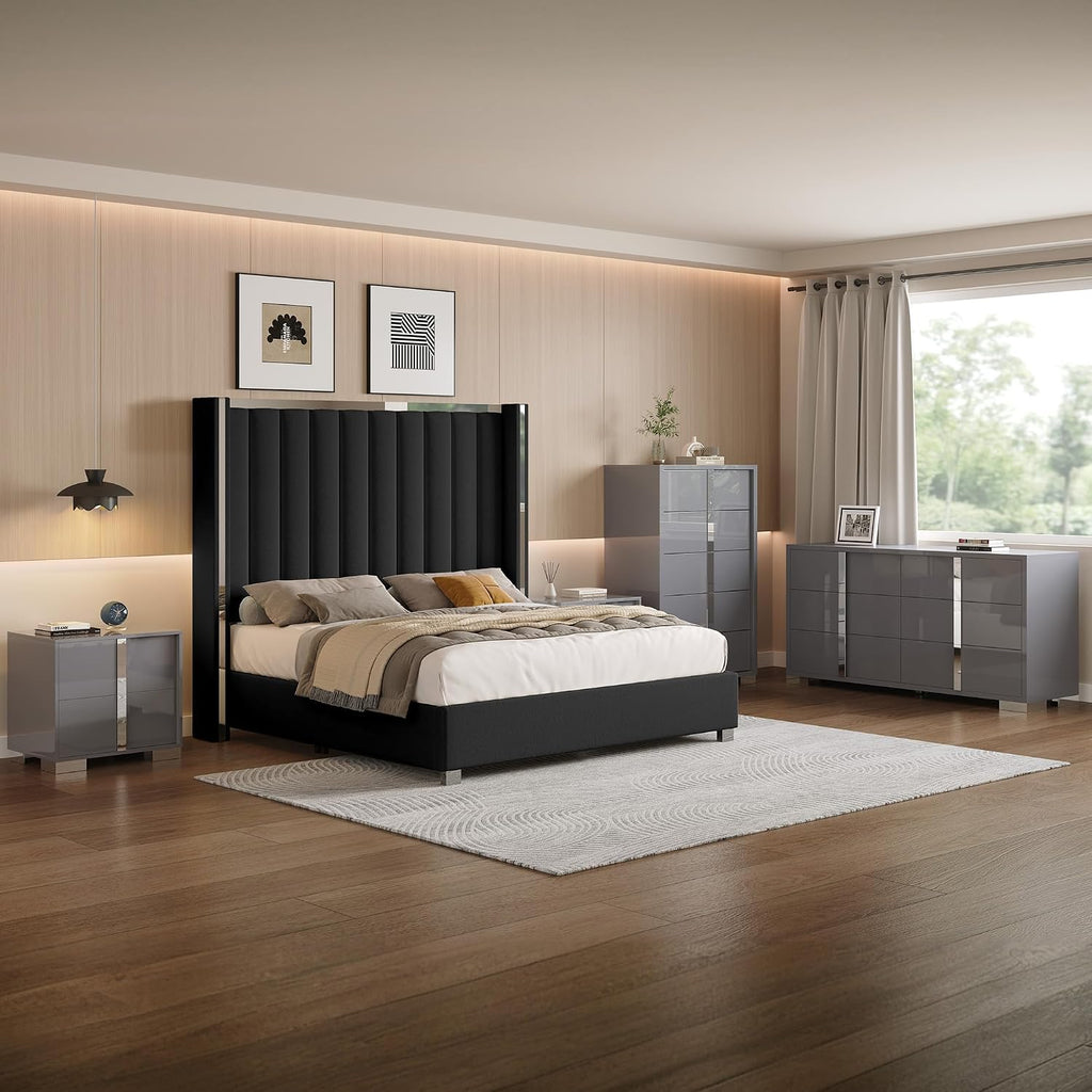 AMERLIFE 5-Piece Modern Bedroom Sets with Queen Size Upholstered Platform Bed Frame, 58' Wingback Headboard, Spacious 6-Drawer Dresser, Tall Chest, and 2 Coordinated Nightstands, Black and Grey