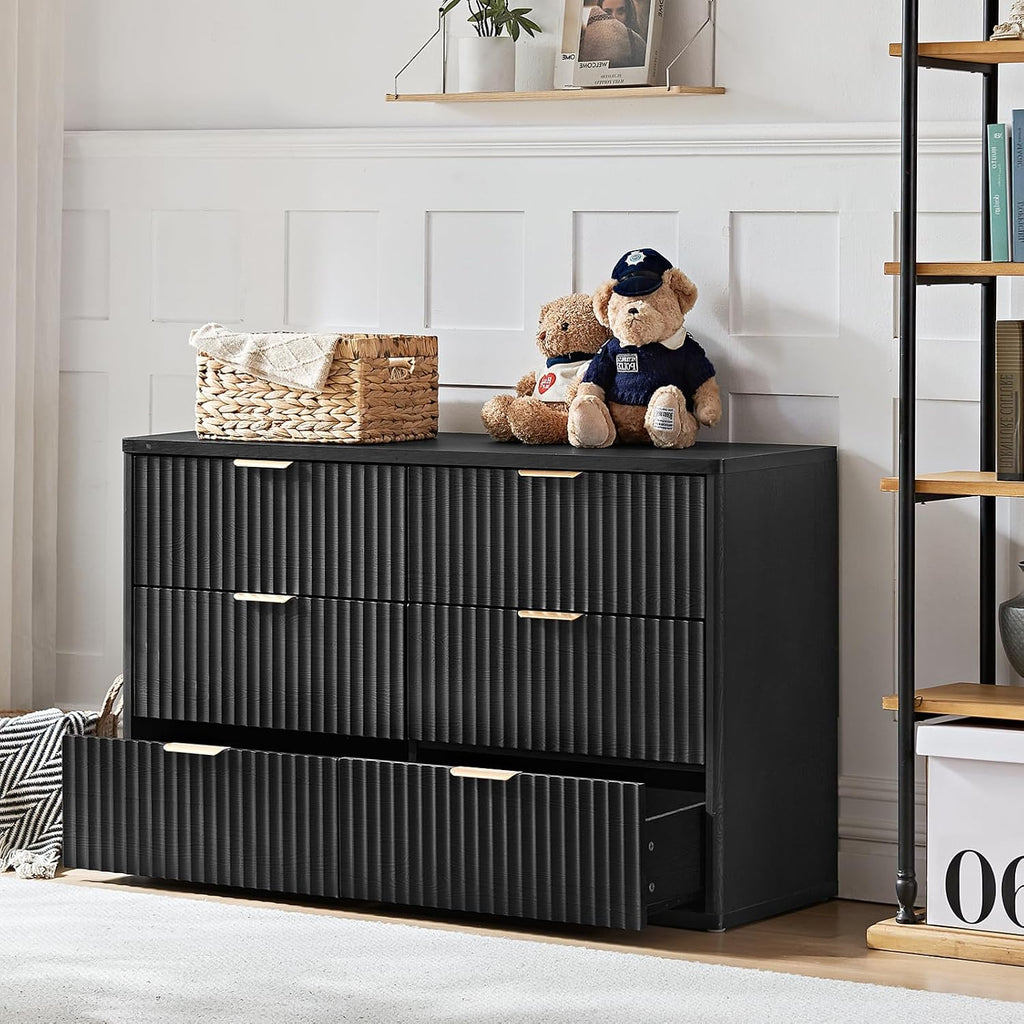 LEYAOYAO 48' Wide Fluted Dresser and 3 Drawers 23' Nightstand Set of 2, Wooden Dresser & Night Stand with Charging Station, 3 Piece Bedroom Furniture Set, Wood Chest of Drawer for Living Room,Black