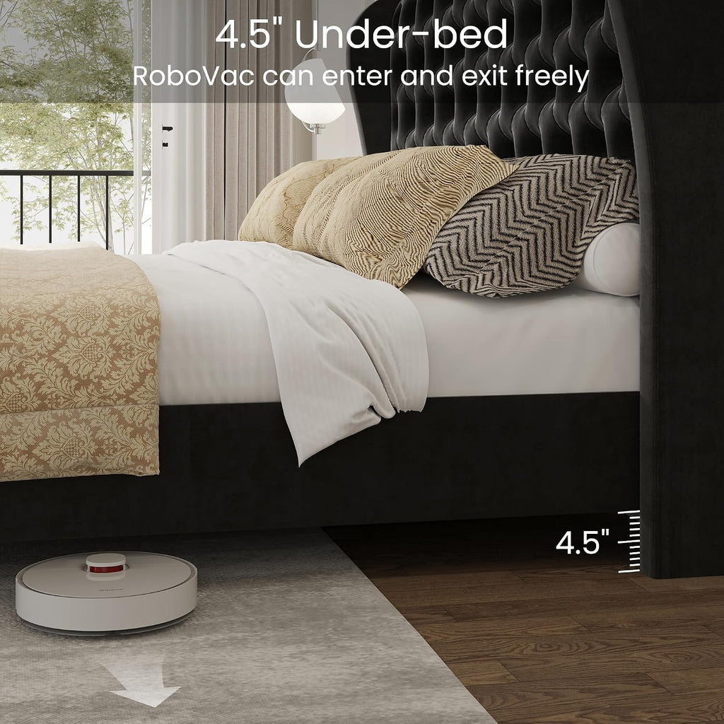 LARMACE Queen Size Bed Frame Velvet Upholstered Platform Bed with Wingback Headboard & Footbaord, Deep Button Tufted Bed Frame with Wood Slats Support, No Box Spring Needed, Black