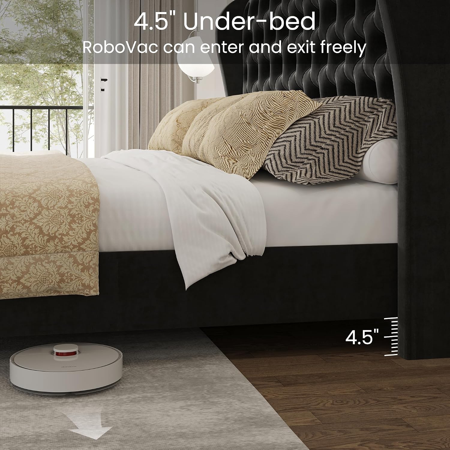 LARMACE Queen Size Bed Frame Velvet Upholstered Platform Bed with Wingback Headboard & Footbaord, Deep Button Tufted Bed Frame with Wood Slats Support, No Box Spring Needed, Black