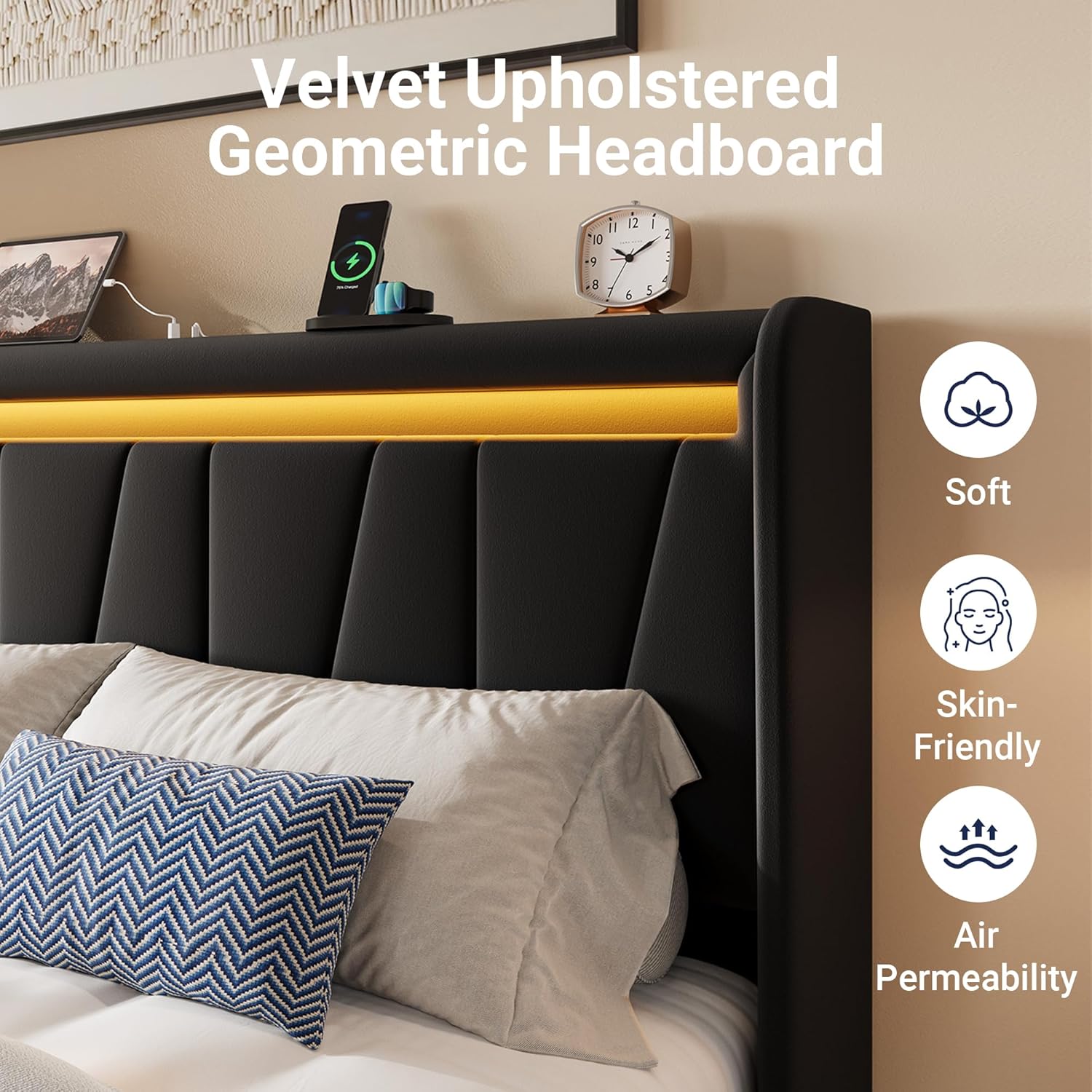 Allewie Full Size LED Bed Frame with Charging Station, Velvet Upholstered Platform Bed with Geometric Wingback Headboard, Modern Frame with No Box Spring Needed, Easy Assembly, Black
