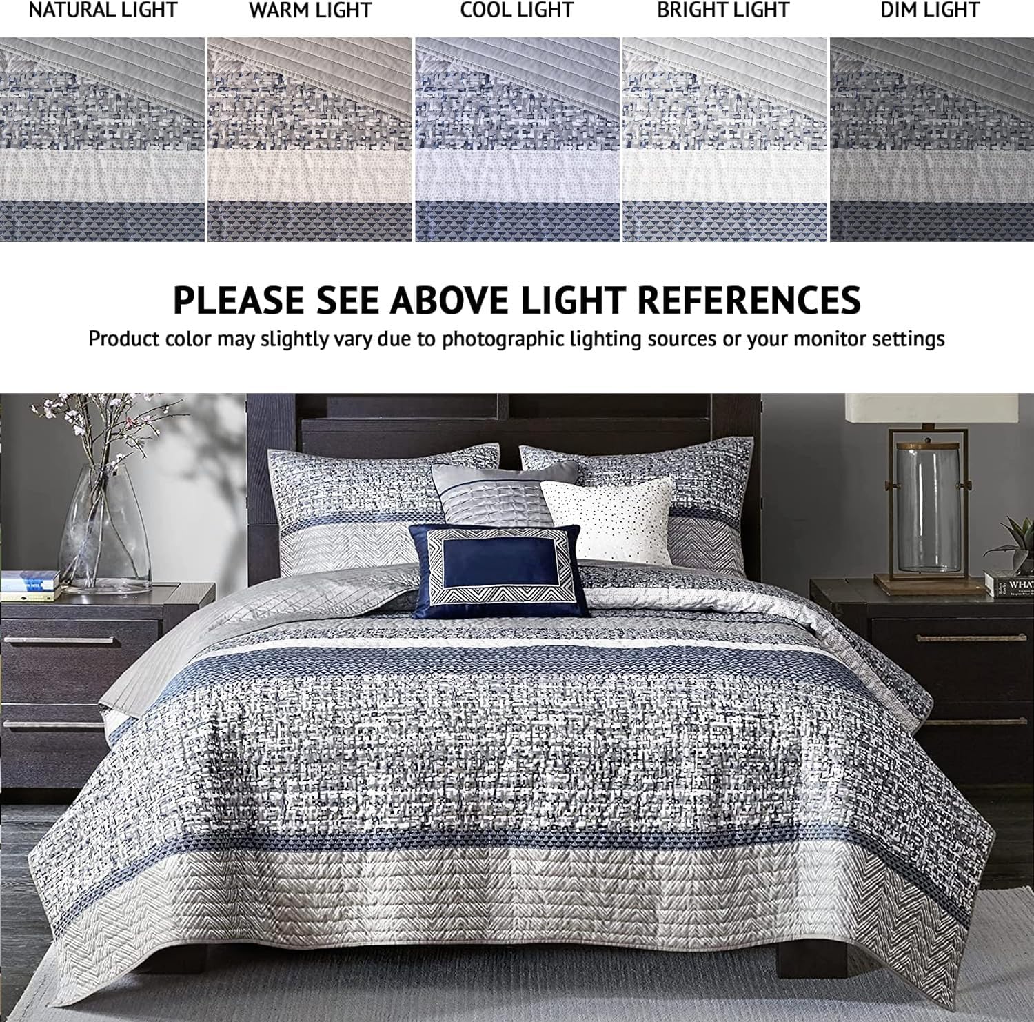 Madison Park King Quilt Set - Lustrous Jacquard & Glitter Accent Coverlet Set for King Size Bed - All Season, Lightweight, Shams, Decorative Pillow, Chevron Grey/Navy