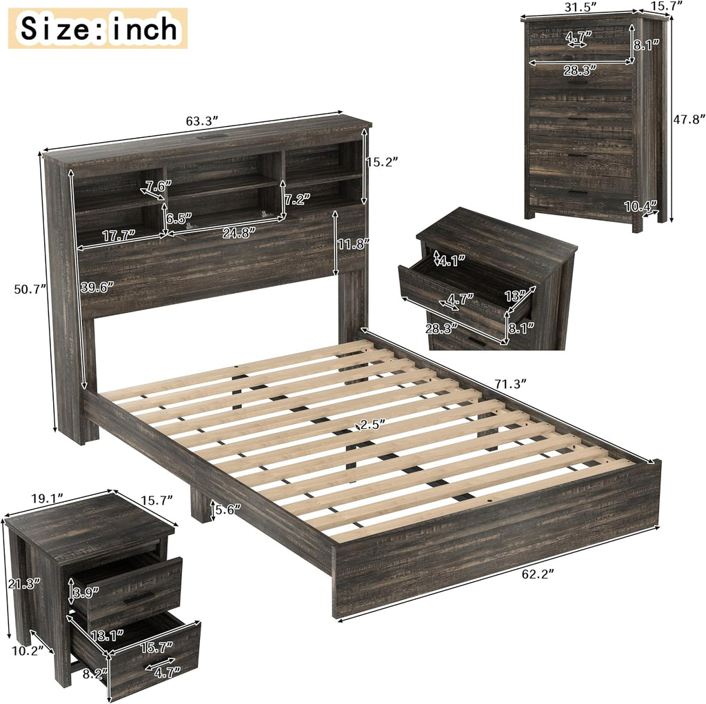 Farmhouse 4-Pieces Bedroom Sets, Queen Size Platform Bed with 2 Nightstands and 5-Drawer Storage, Wooden Bed Frame with Storage Headboard and Charging Station (Antique Gray-7.17)