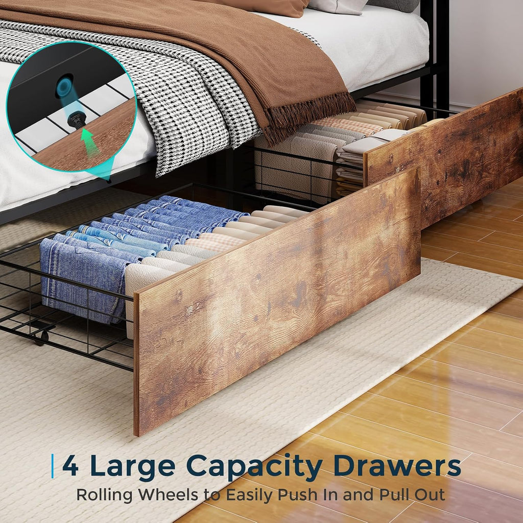 SADENICEL King Bed Frame with Storage Headboard and 4 Drawers, Metal Platform Bed Frame with LED Light, Charging Station, No Box Spring Needed, Noise Free, Easy Assembly, Vintage Brown