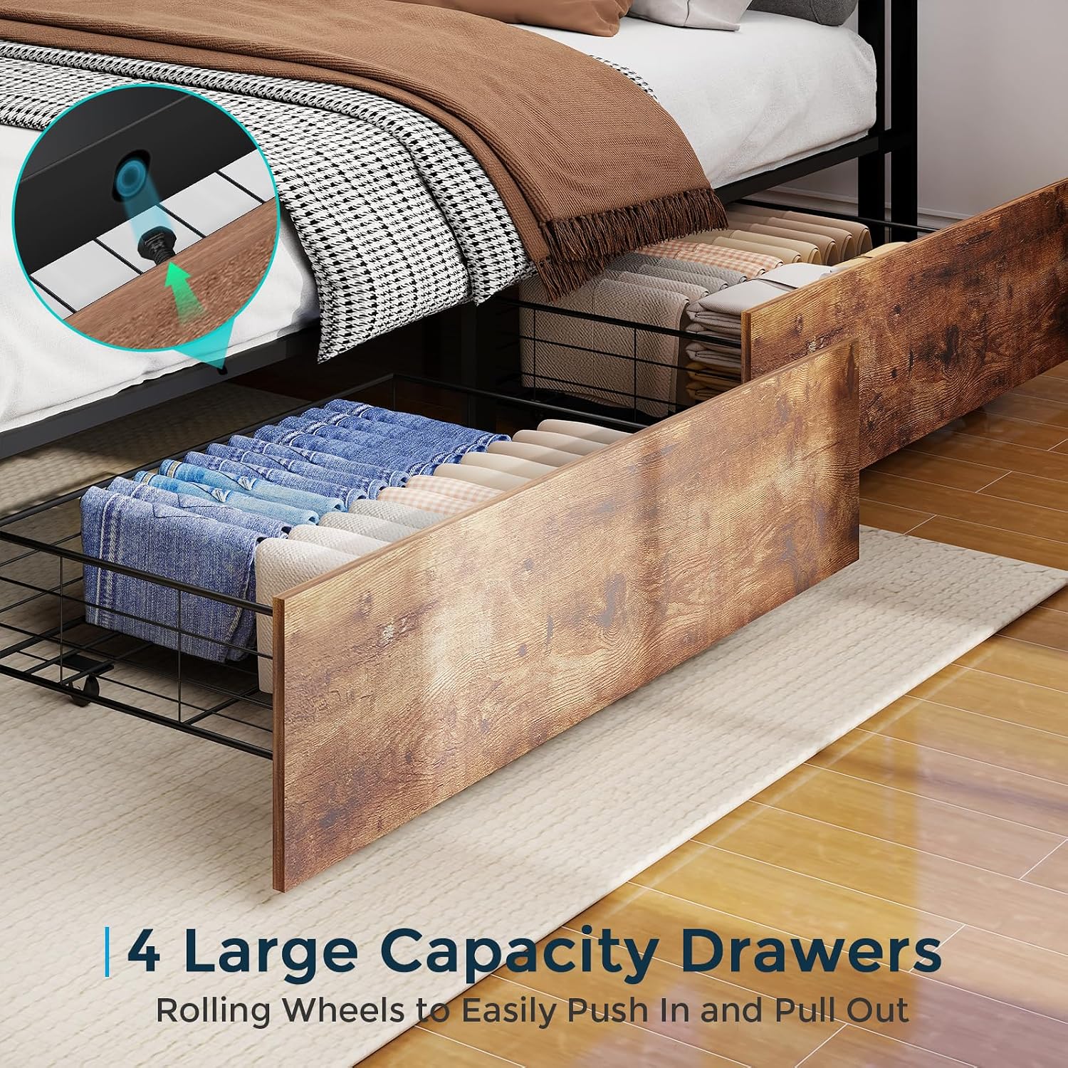 SADENICEL King Bed Frame with Storage Headboard and 4 Drawers, Metal Platform Bed Frame with LED Light, Charging Station, No Box Spring Needed, Noise Free, Easy Assembly, Vintage Brown