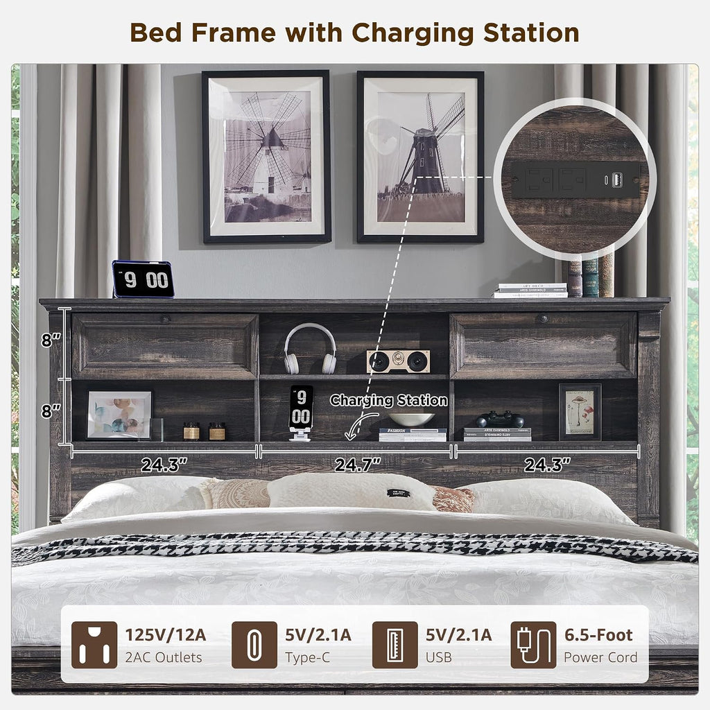 Farmhouse King Size Bed Frame with 54' Tall Headboard, Headboard with 4 Storage Rack, 2 Drawers, 18' Roman Column Decoration Footboard, Wood Platform Bed Frame, No Box Spring Needed(Dark Rustic Oak)
