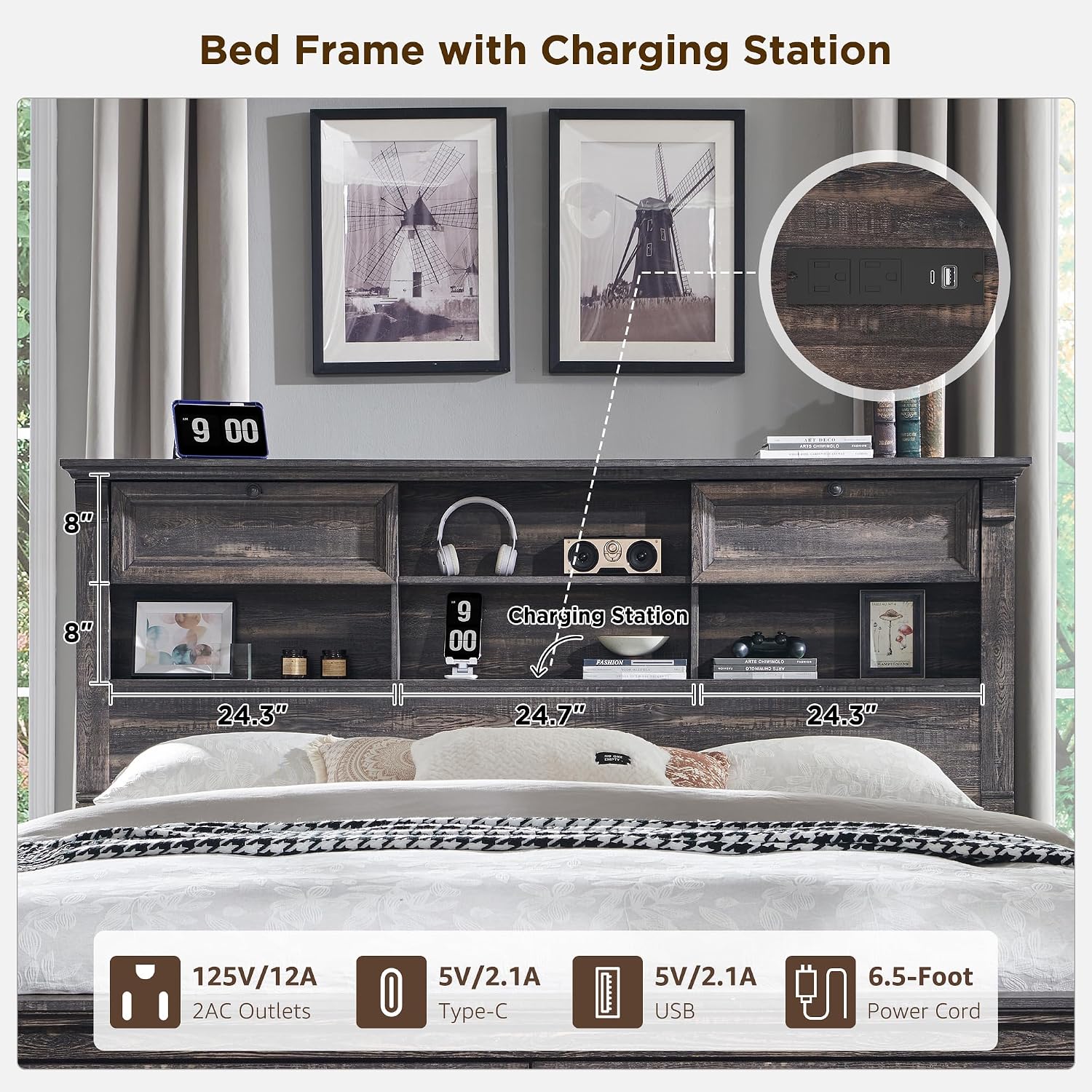 Farmhouse King Size Bed Frame with 54' Tall Headboard, Headboard with 4 Storage Rack, 2 Drawers, 18' Roman Column Decoration Footboard, Wood Platform Bed Frame, No Box Spring Needed(Dark Rustic Oak)