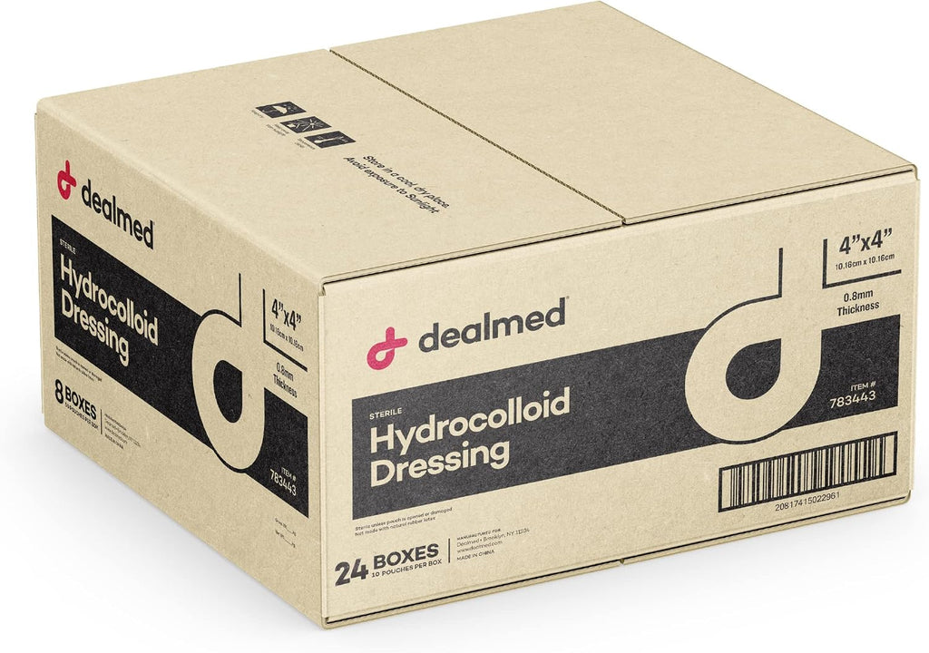 Dealmed Hydrocolloid Dressings–4' x 4' Standard Thickness Hydrocolloid Bandages, Wound Care Products for First Aid Kits, Box of 10, 24 Per Case and Individually Packed