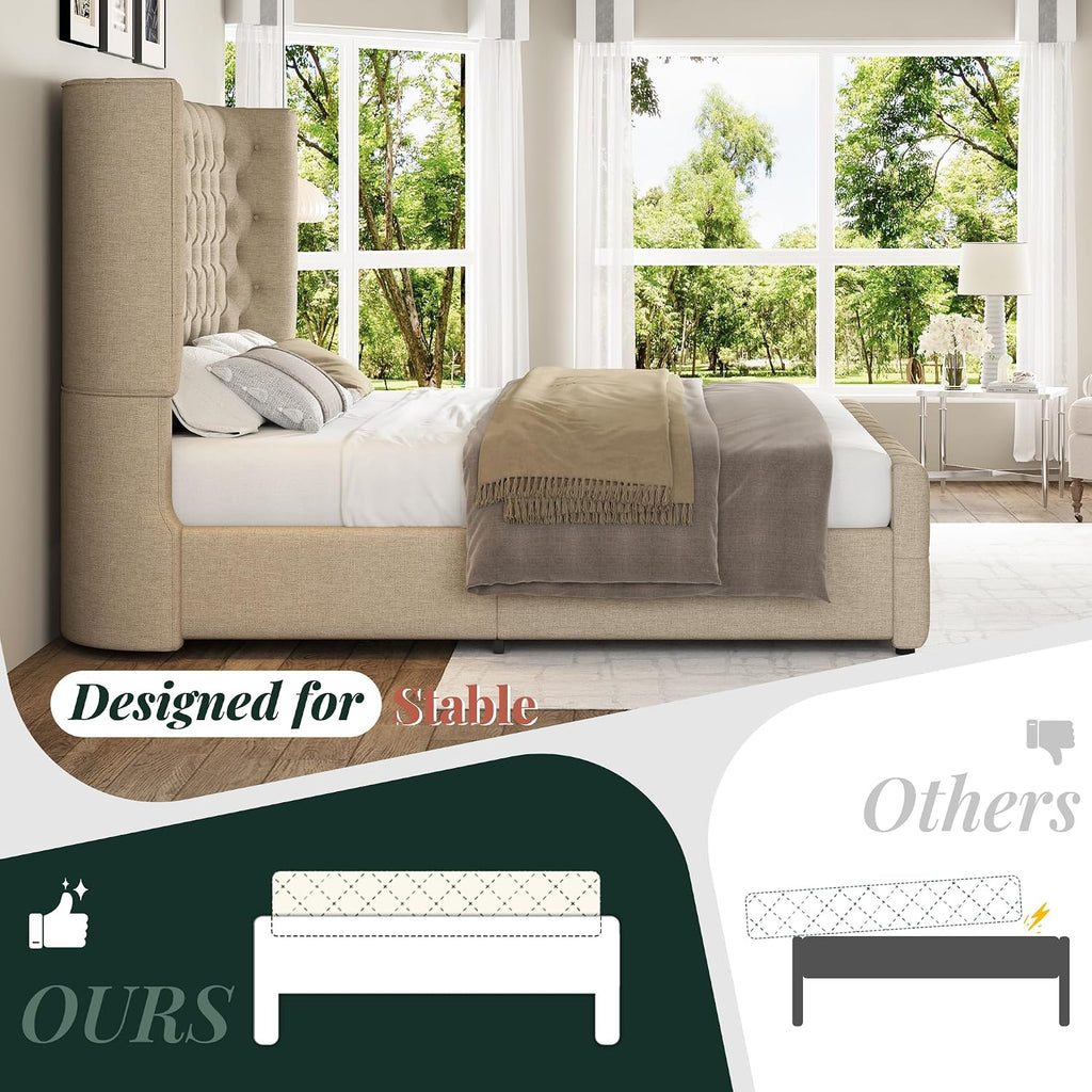 Jocisland King Size Platform Bed Frame, 6.3' Thick Upholstered Curved Wingback Headboard and Footboard with Deep Button Tufted, Easy Assembly, No Box Spring Needed, Khaki Linen