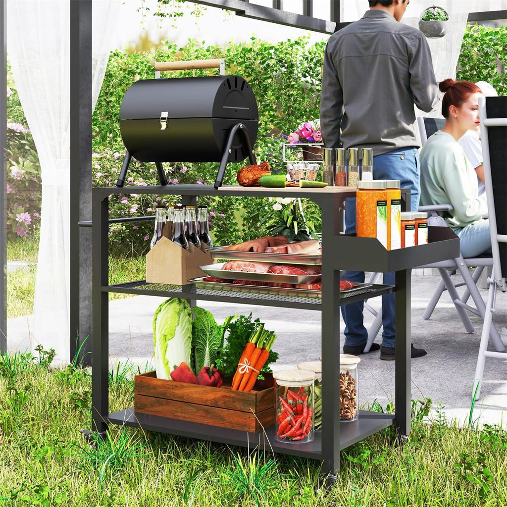 Portable Camping Cart Outdoor Grill Cart with Wheels, Griddle Tray Side Storage Rack Steel Tabletop Pizza Oven Table BBQ Prep, Serving Cart, Black 41.3' W x 19.7' D x 31.1' H