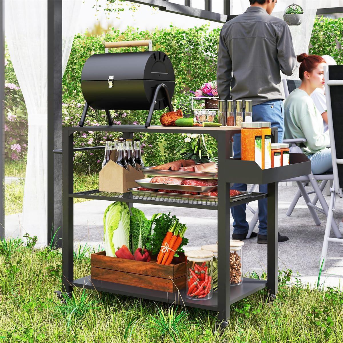 Portable Camping Cart Outdoor Grill Cart with Wheels, Griddle Tray Side Storage Rack Steel Tabletop Pizza Oven Table BBQ Prep, Serving Cart, Black 41.3' W x 19.7' D x 31.1' H