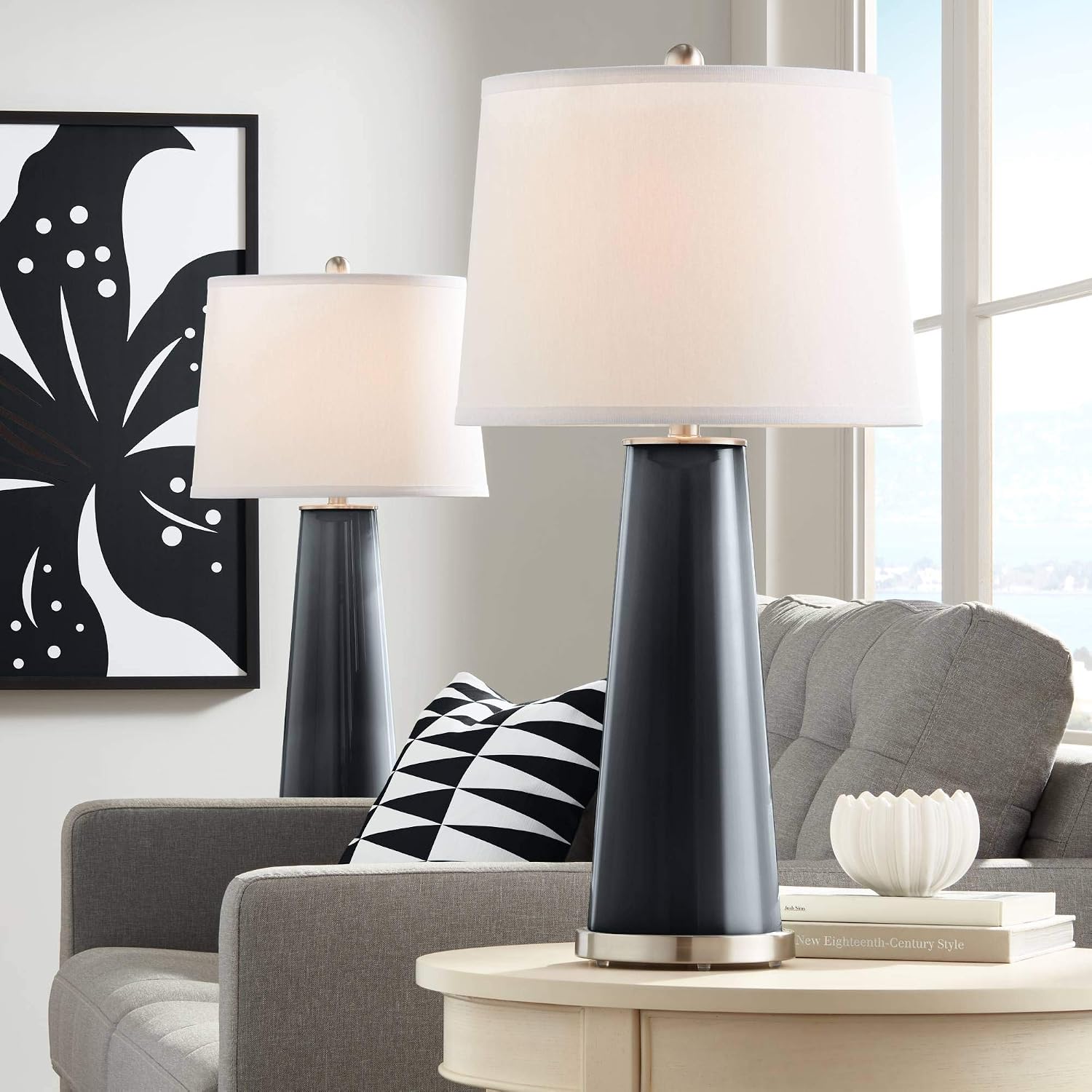 Color + Plus Leo Modern Table Lamps 29 1/2' Tall Set of 2 Black of Night Glass Tapered Column Plain White Drum Shade Decor for Bedroom Living Room House Home Bedside Nightstand Office Family