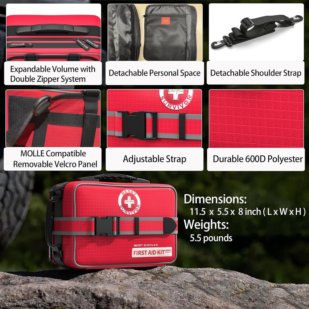 Besst Survivor 401 Piece First Aid Kit with Chest Seals -Labeled, Expandable & Mountable, Emergency Medical Kit for Home, Car, Camping & Outdoor, Waterproof Trauma Kits with Labeled Compartments