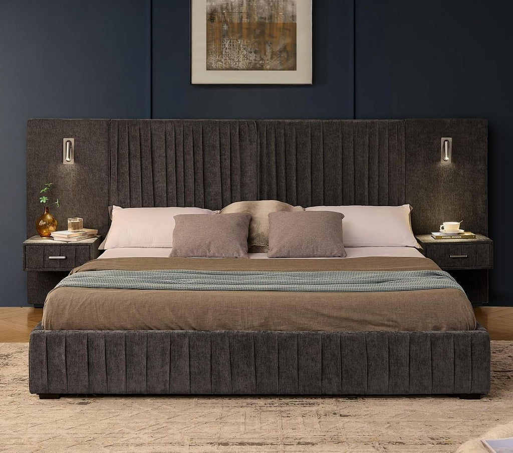 KEIKI King Size Chenille Bed Frame with 2 Nightstands, Lamps & Oversize Headboard, Solid Wood Frame Platform Night Stand Bedroom Set, Upholstered Floor Grounded Bed, No Box Spring Needed, Dark Grey