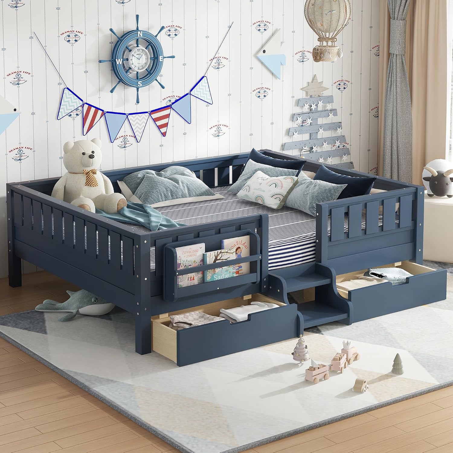 Bellemave Queen Size Bed with Slats and Stairs, Queen Size Platform Bed Frame with Fence, Bookshelf and Storage Drawers, Easy Assemble Beds for Girls, Boys, Blue