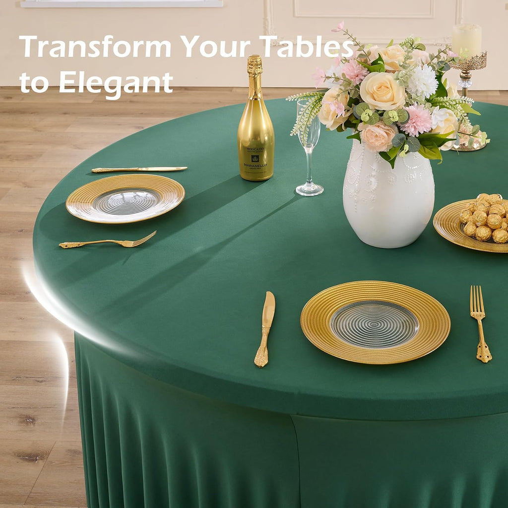 6 pk Hunter Green Round Spandex Tablecloths 60 in with Ruffled Skirt,Wrinkle Free High-Stretch 120 inch Table Cloth Round Fitted 5ft Tables,Spandex Table Covers 5ft for Forest Party Wedding Banquet