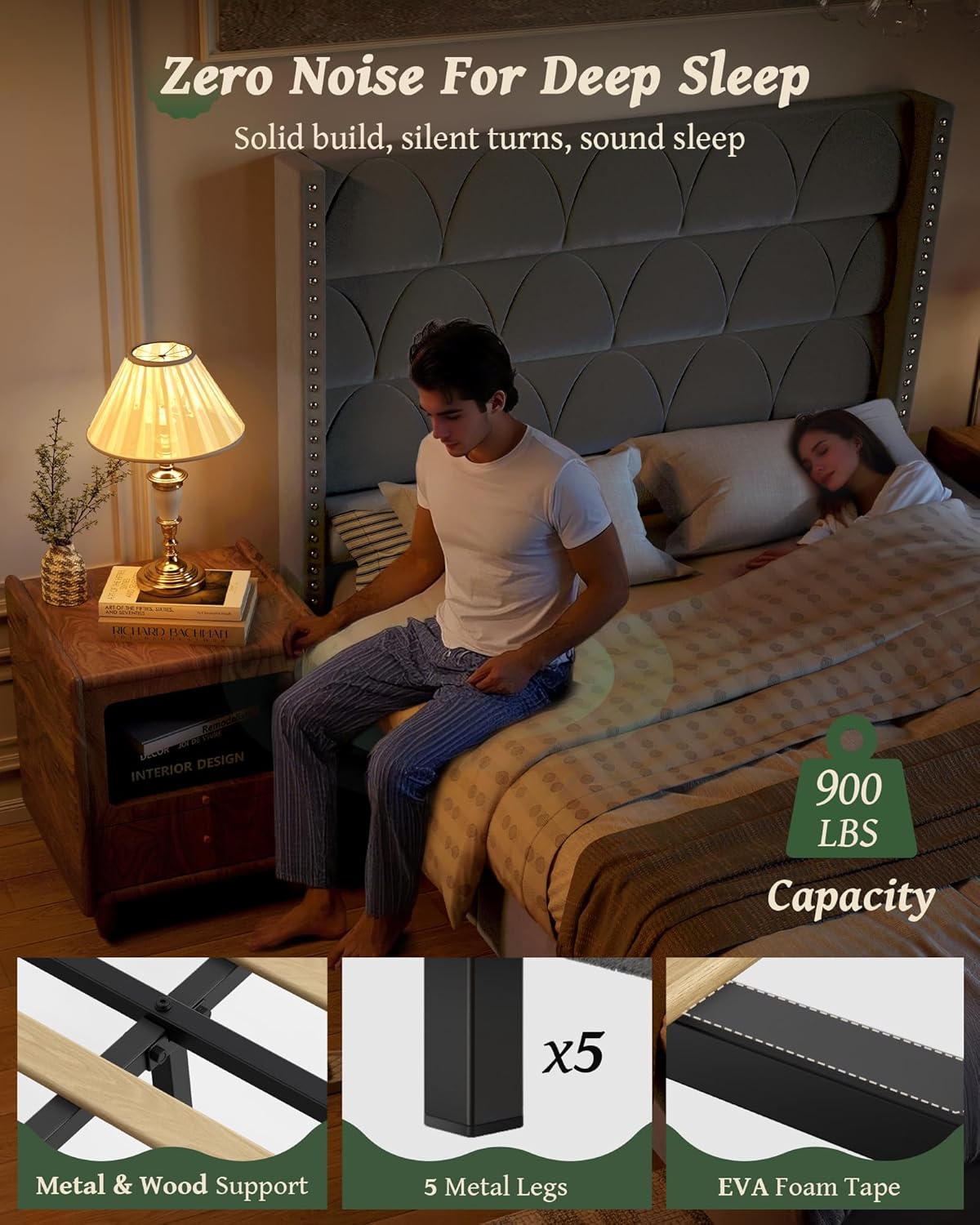 OHOHOLIVE Queen Size Bed Frame with 56' Headboard - Velvet Upholstered Wingback Platform Bed Frame, Noise Free, Sturdy Wooden Slat Support (Deep Gray, Queen)