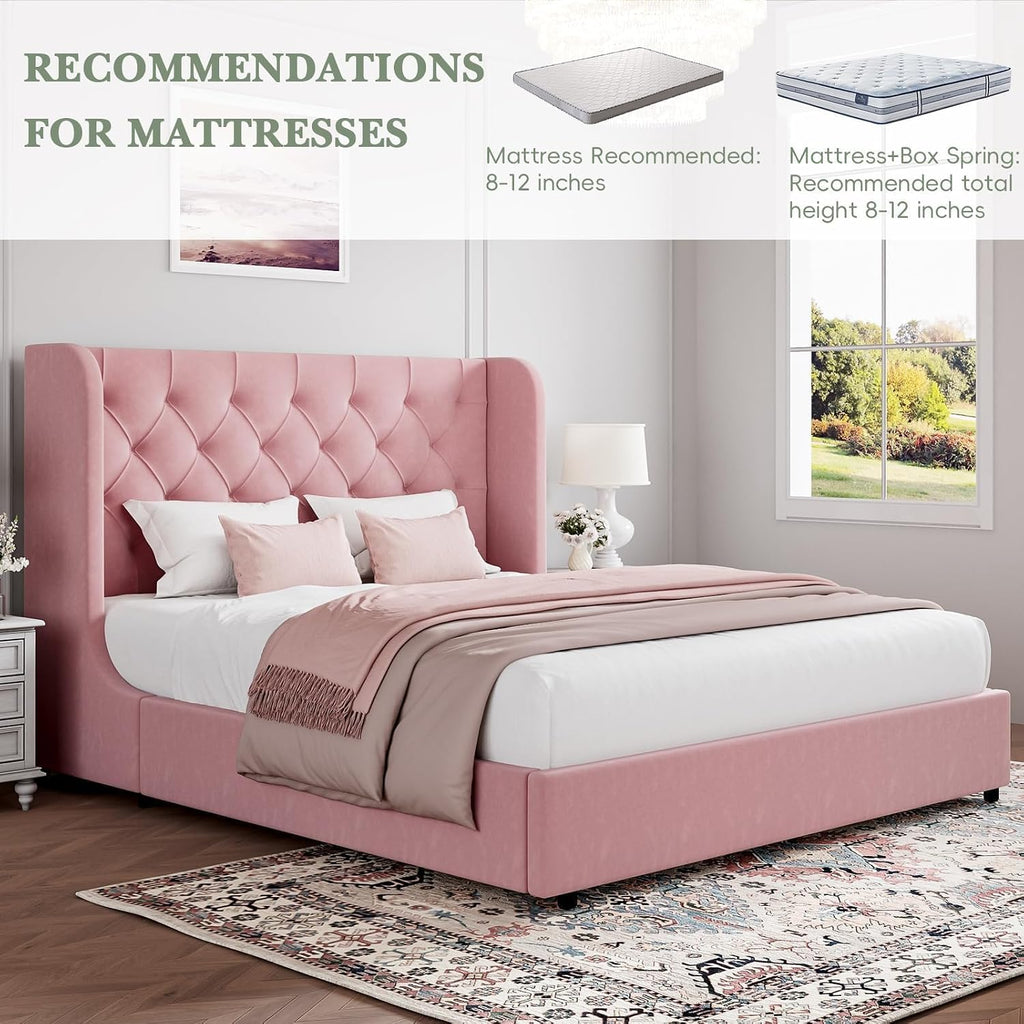 HOMBCK Pink King Size Bed Frame, Upholstered Platform Bed Frame with Velvet Tufted Headboard, Curved Wingback Design, Wooden Slats, No Box Spring, Noise Free, Easy Assembly