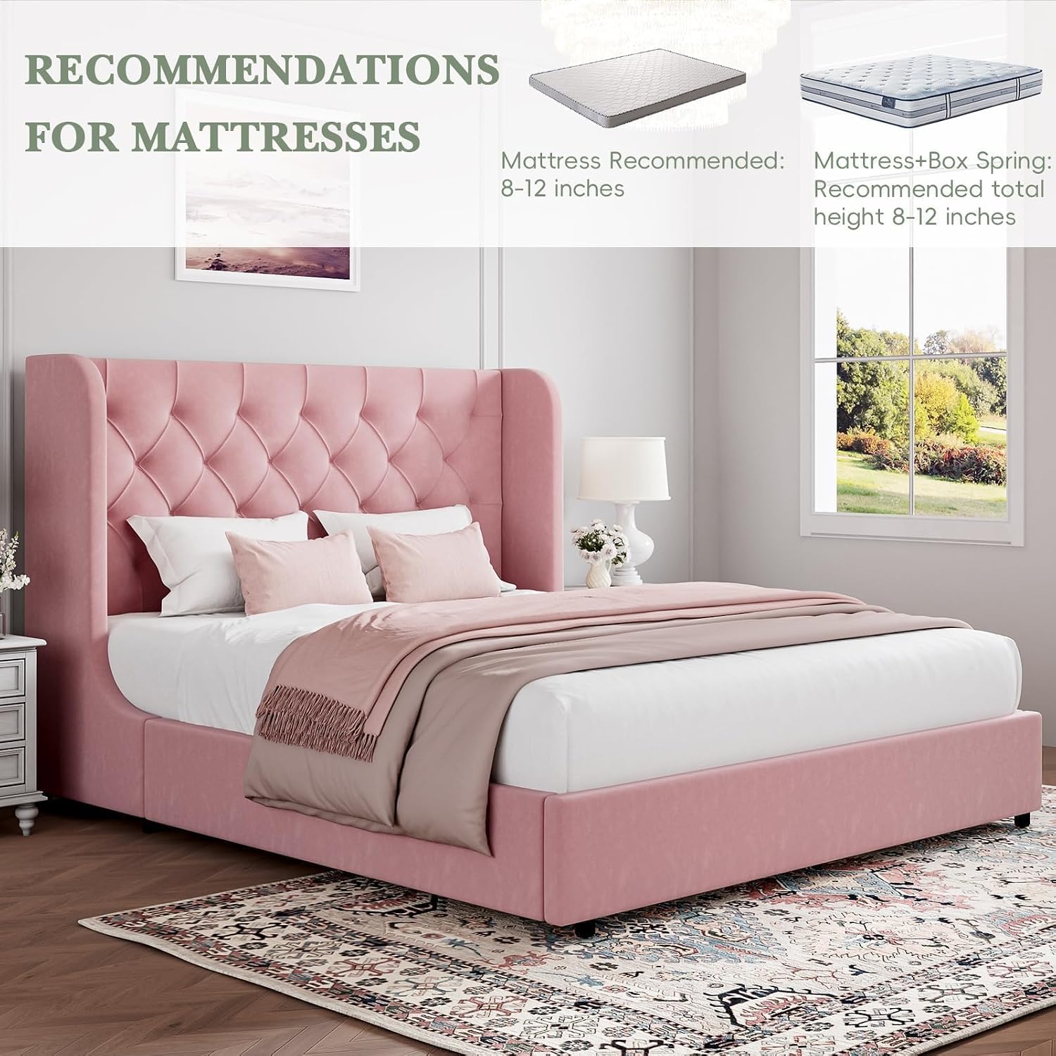 HOMBCK Pink King Size Bed Frame, Upholstered Platform Bed Frame with Velvet Tufted Headboard, Curved Wingback Design, Wooden Slats, No Box Spring, Noise Free, Easy Assembly
