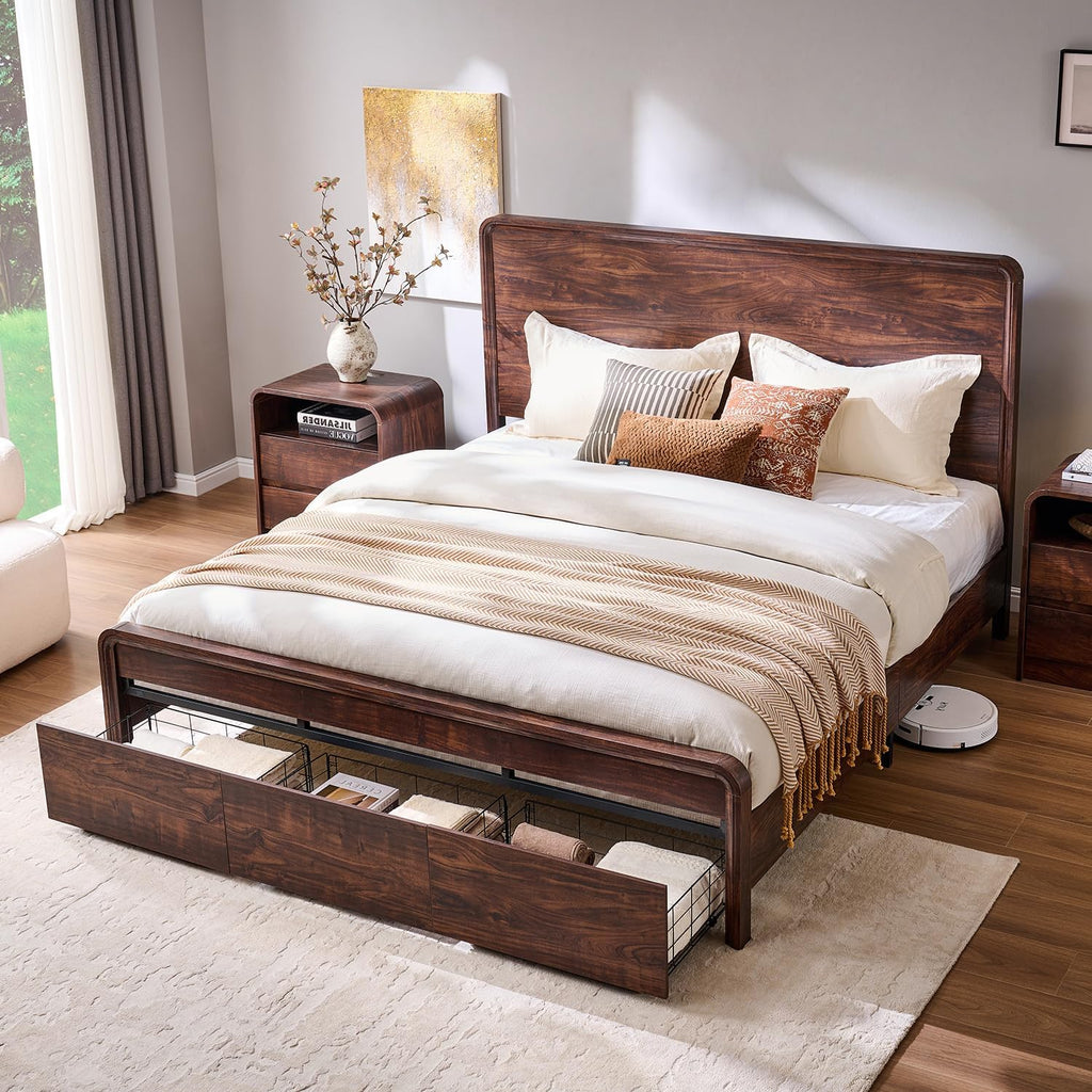 Aitjunz Modern King Size Bed Frame with 50' Tall Headboard, Wood King Size Platform Bed Frame w/3 Storage Drawers, Curved Profile Design, Wood & Steel Platform Bed, No Box Spring Needed, Dark Walnut